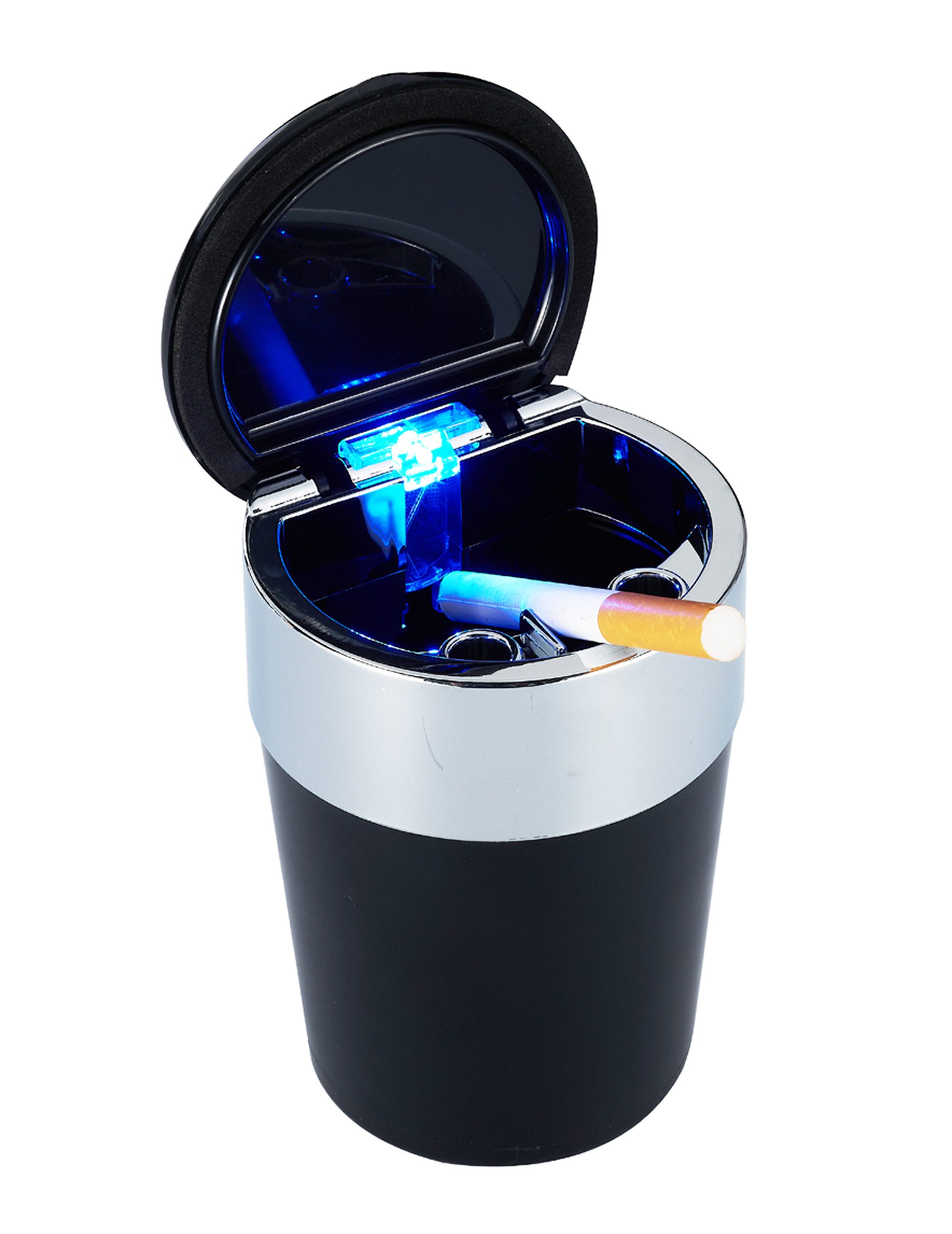CHAMP Aschenbecher AUTO ASCHENBECHER AC/DC mit Deckel LED-Licht Gluttöter 50 (Blau), für Getränkehalter Autoaschenbecher Windaschenbech Beleuchtung KFZ