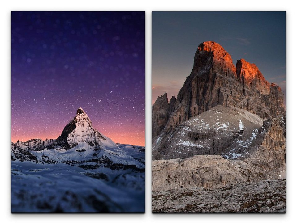 Sinus Art Leinwandbild 2 Bilder je 60x90cm Dolomiten Nachthimmel Berggipfel  Bergspitze Schnee Felsen Natur