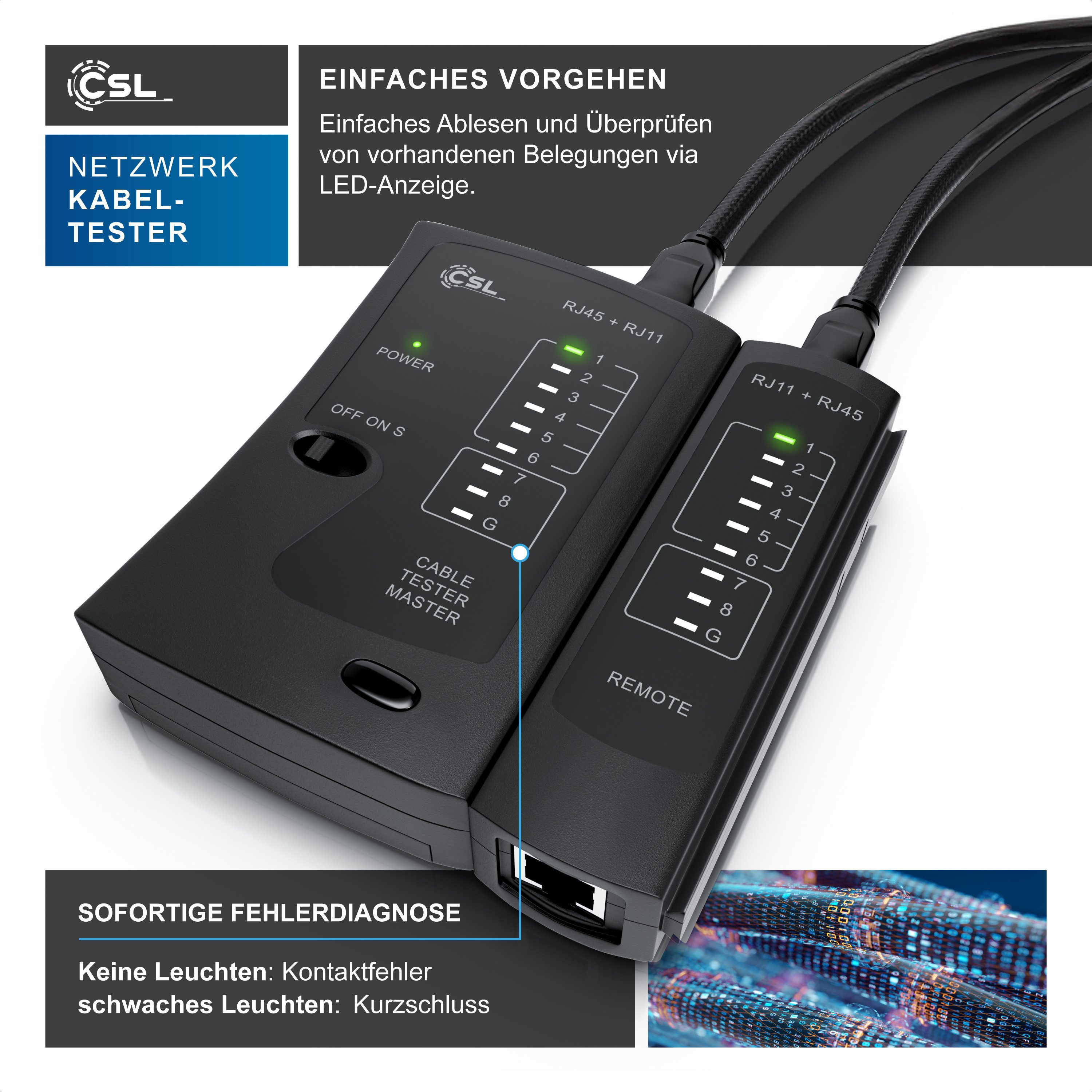CSL Kabeltester für RJ45 & RJ11 Kabel, Leitungen in Böden, Wänden & Decken Netzwerk-Adapter RJ-45 (Ethernet) zu 2x RJ11, 2x RJ45, Patchkabel Tester, Leitungstes – Bild 3 von 5