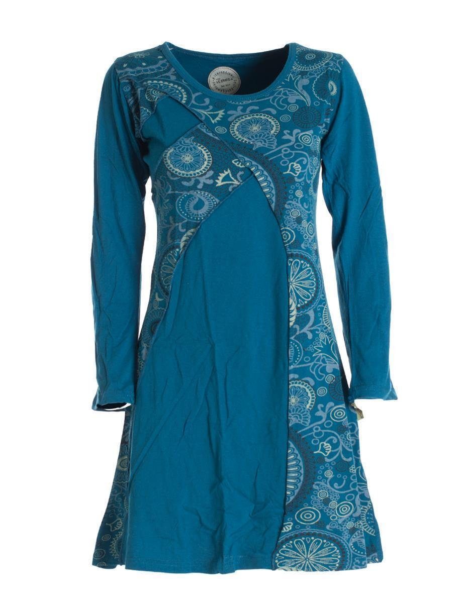 Kleid Damen Style Langarm Elfen Blumenkleid türkis Vishes Ethno, Mandala Baumwollkleid Hippie, Rundhals Jerseykleid