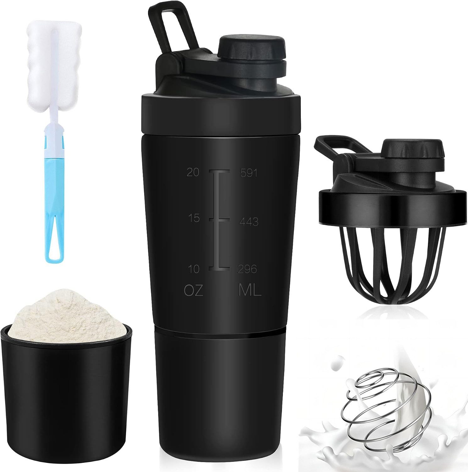 ibettertec Protein Shaker Protein Shaker Edelstahl 700+200 ML Eiweiß Becher mit pulverfach, Edelstahl, Doppelwandig, mit 200ml Tasse, für Eiweiß, Diät und Fitness-Shake