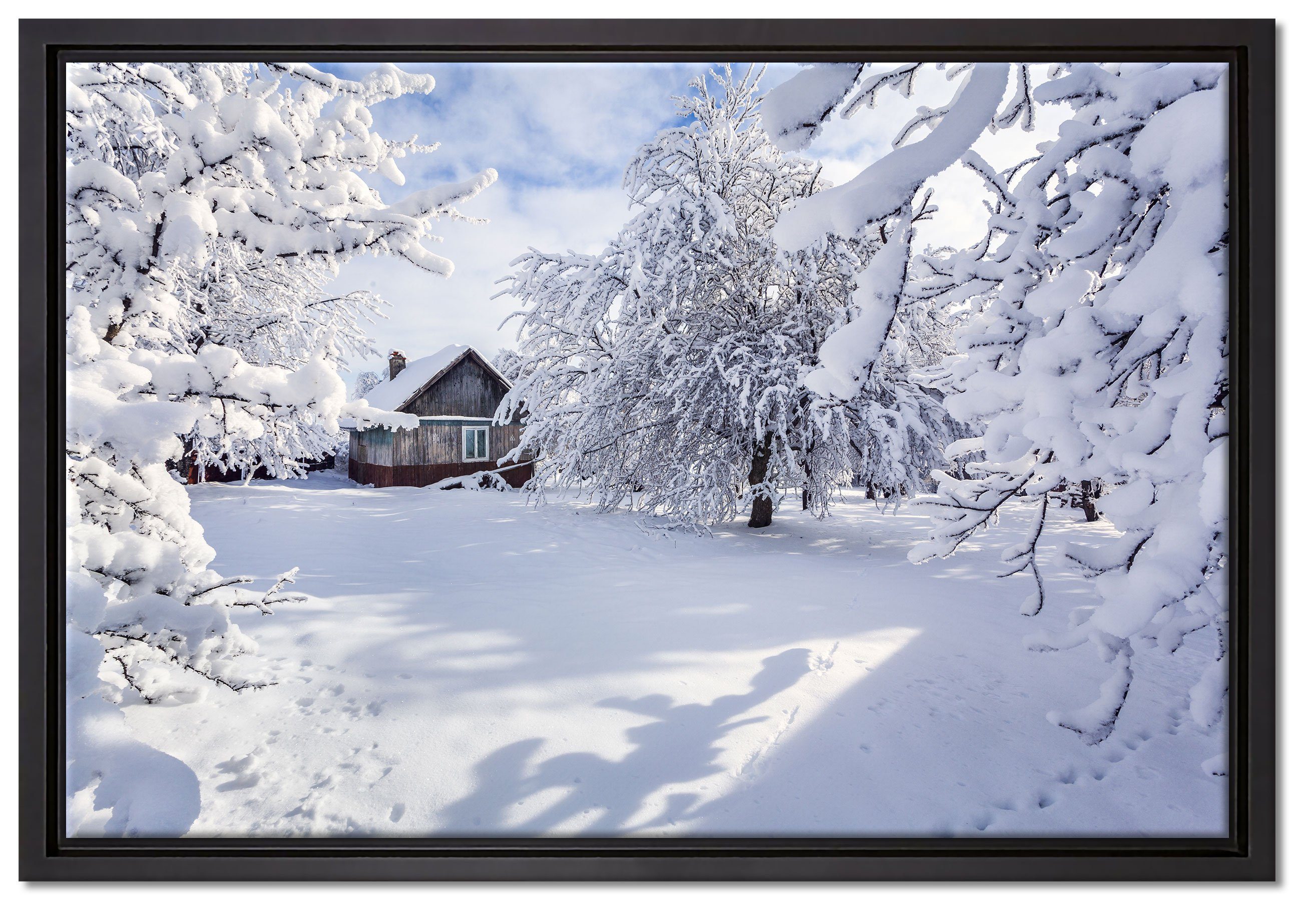 Pixxprint Leinwandbild Winterlandschaft mit fertig Hütte, gefasst, bespannt, Wanddekoration Schattenfugen-Bilderrahmen einem Zackenaufhänger in Leinwandbild (1 St), inkl