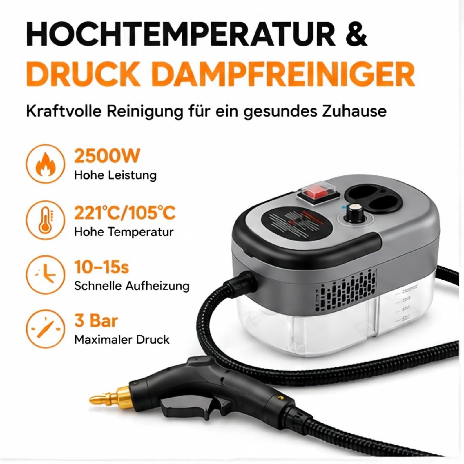 AIBISTAR Dampfreiniger Hand-Dampfreiniger 2500W, 1,2L, 10s Aufheizung, Küchenreiniger, 2500 W, Handdampfreiniger Ideal für Boden, Küche, Bad, Fenster & Auto