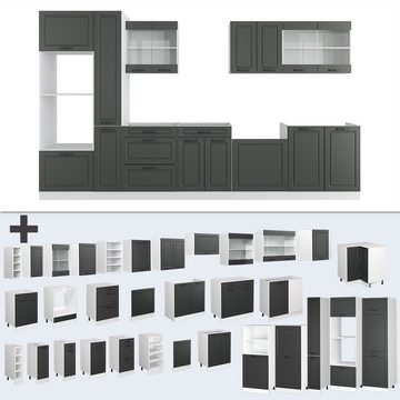 Livinity® Küchenzeile R-Line, Anthrazit Landhaus/Weiß, 350 cm mit Hochschrank, AP Anthrazit