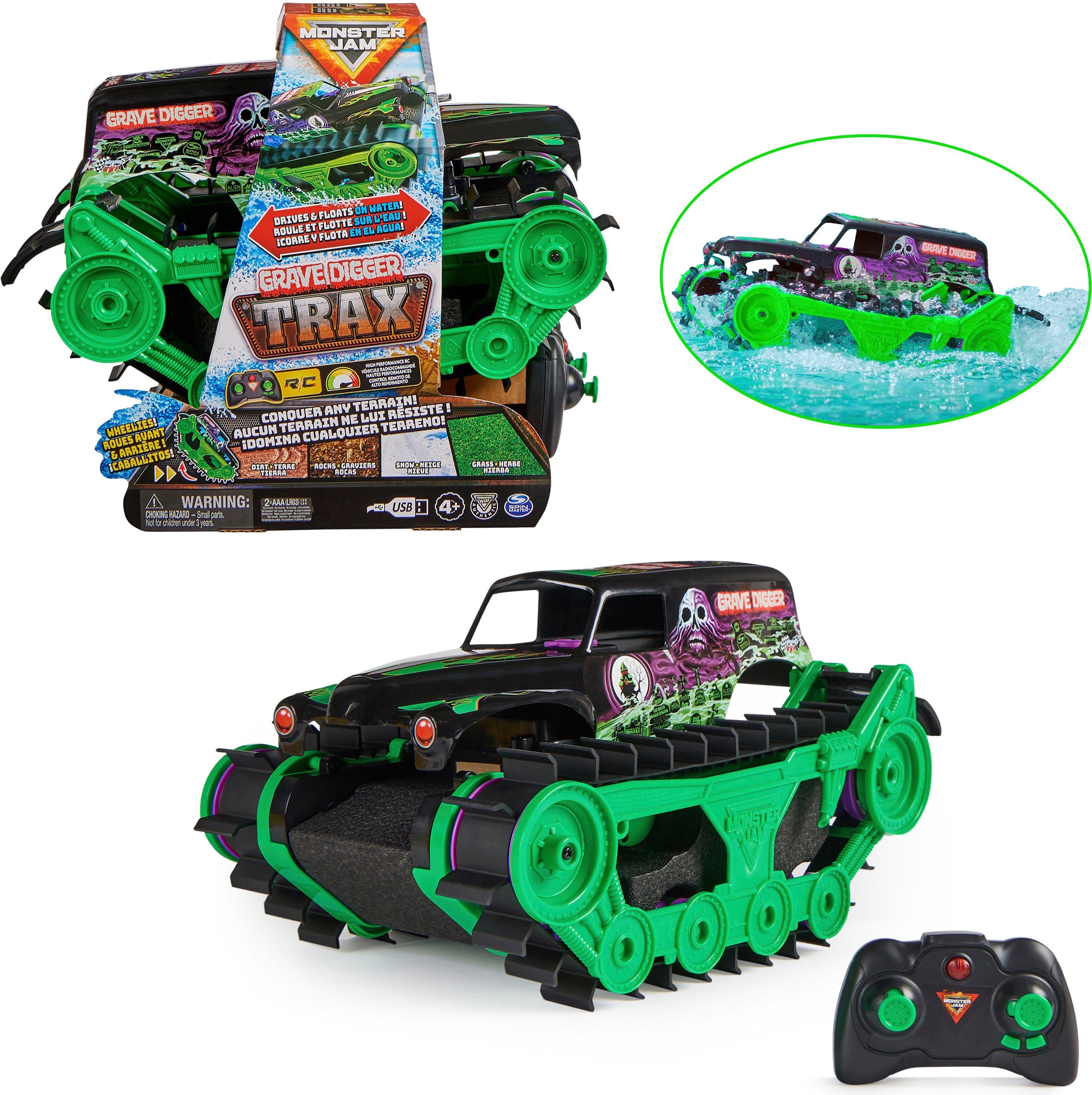 Spin Master RC-Monstertruck Monster Jam - Grave Digger Trax, All-Terrain-geländegängig an Land und im Wasser