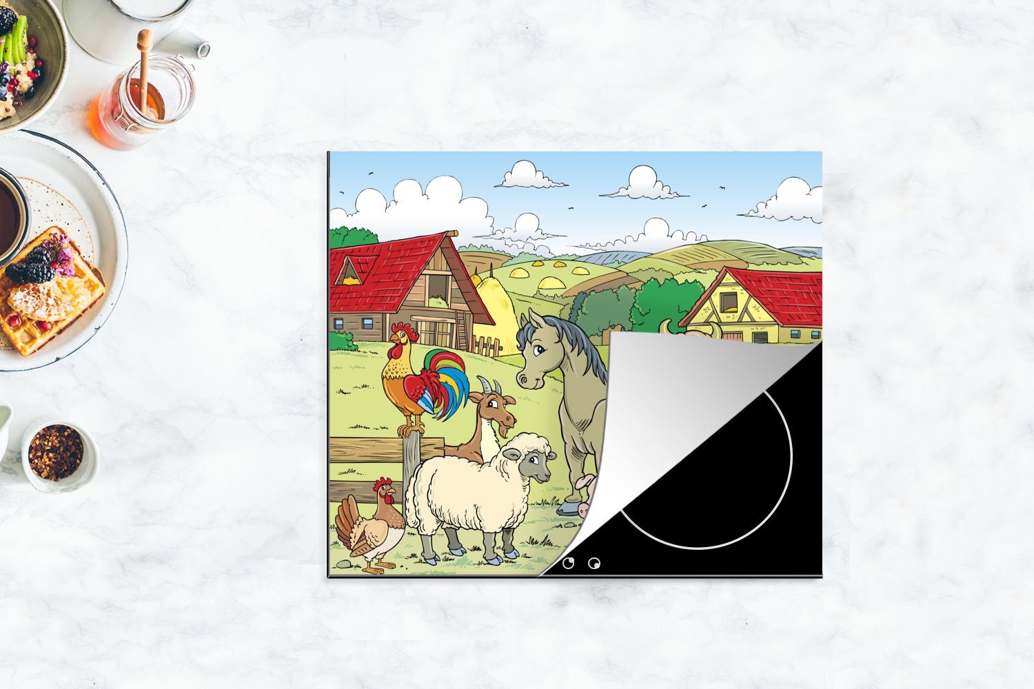 MuchoWow Herdblende-/Abdeckplatte Illustration von cm, Mobile nutzbar, Vinyl, für Arbeitsfläche 60x52 Ceranfeldabdeckung tlg), Bauernhoftieren (1 Kinder