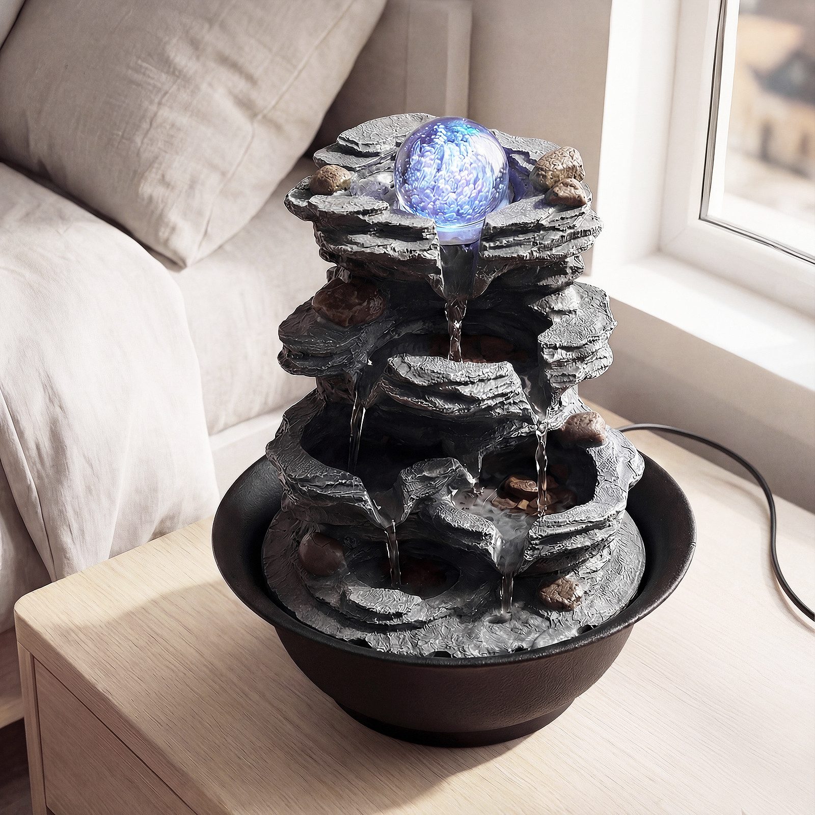 COSTWAY Zimmerbrunnen, Wasserbecken BxT: 21.5x21.5 cm, Tischbrunnen mit rollender Kugel, LED Beleuchtung