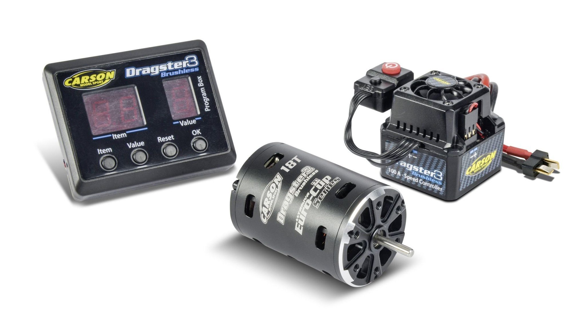 Carson Brushless Set Motor Dragster-3 18T + Regler, Prog. Karte RC-Ladegerät