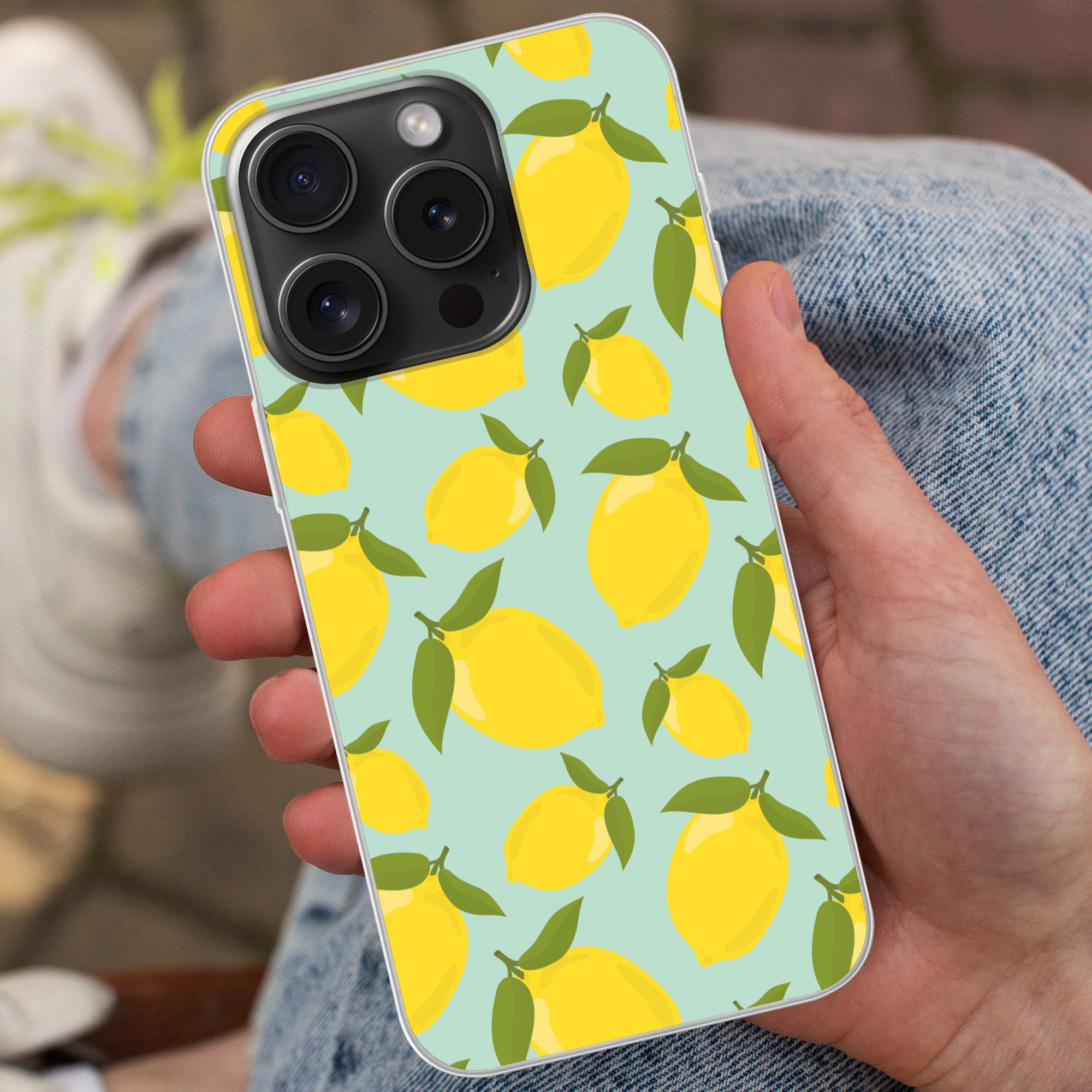 MuchoWow Handyhülle für Apple iPhone 15 Pro Muster Zitronen - Gelb - Blau - Muster - Früch, Smartphone-Bumper, Print, Handy Schutzhülle Dünn
