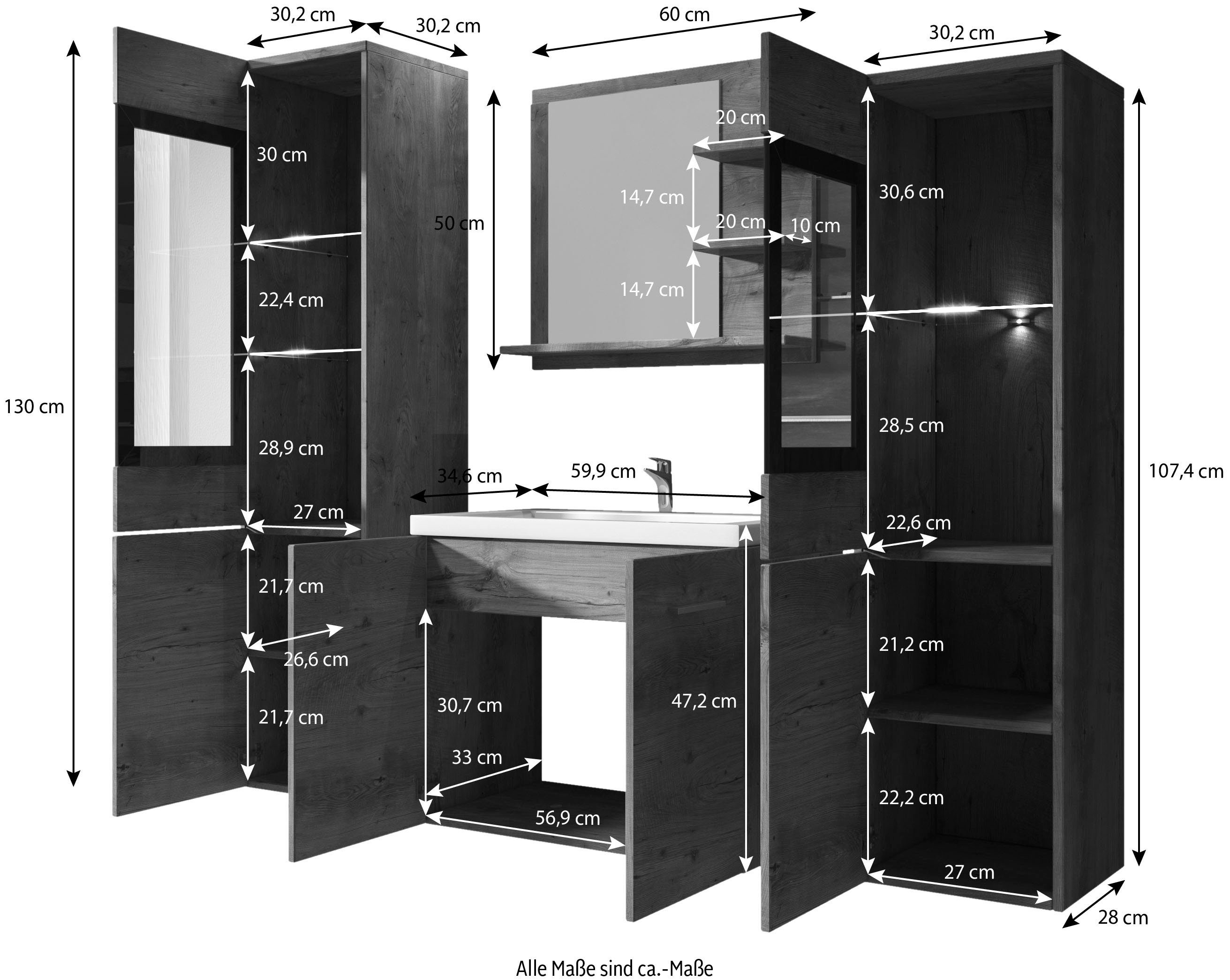 welltime Badmöbel-Set Spiegel mit Waschbecken, Waschtisch Waschbecken), Hochschrank, Badschrank, Graphit ARONA, inkl. (Komplett-Set, 4-St