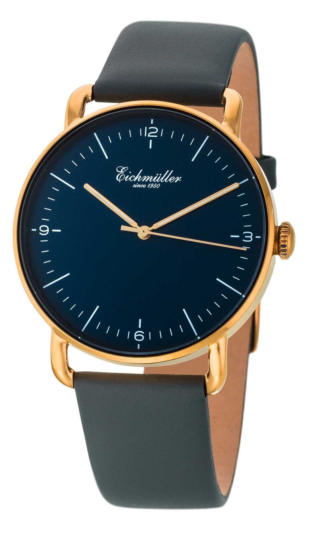 Aktionsrabatt Eichmüller Quarzuhr Vergoldet Herrenuhr 3030-03 mm Lederband 40 Blau Slim-Gehäuse