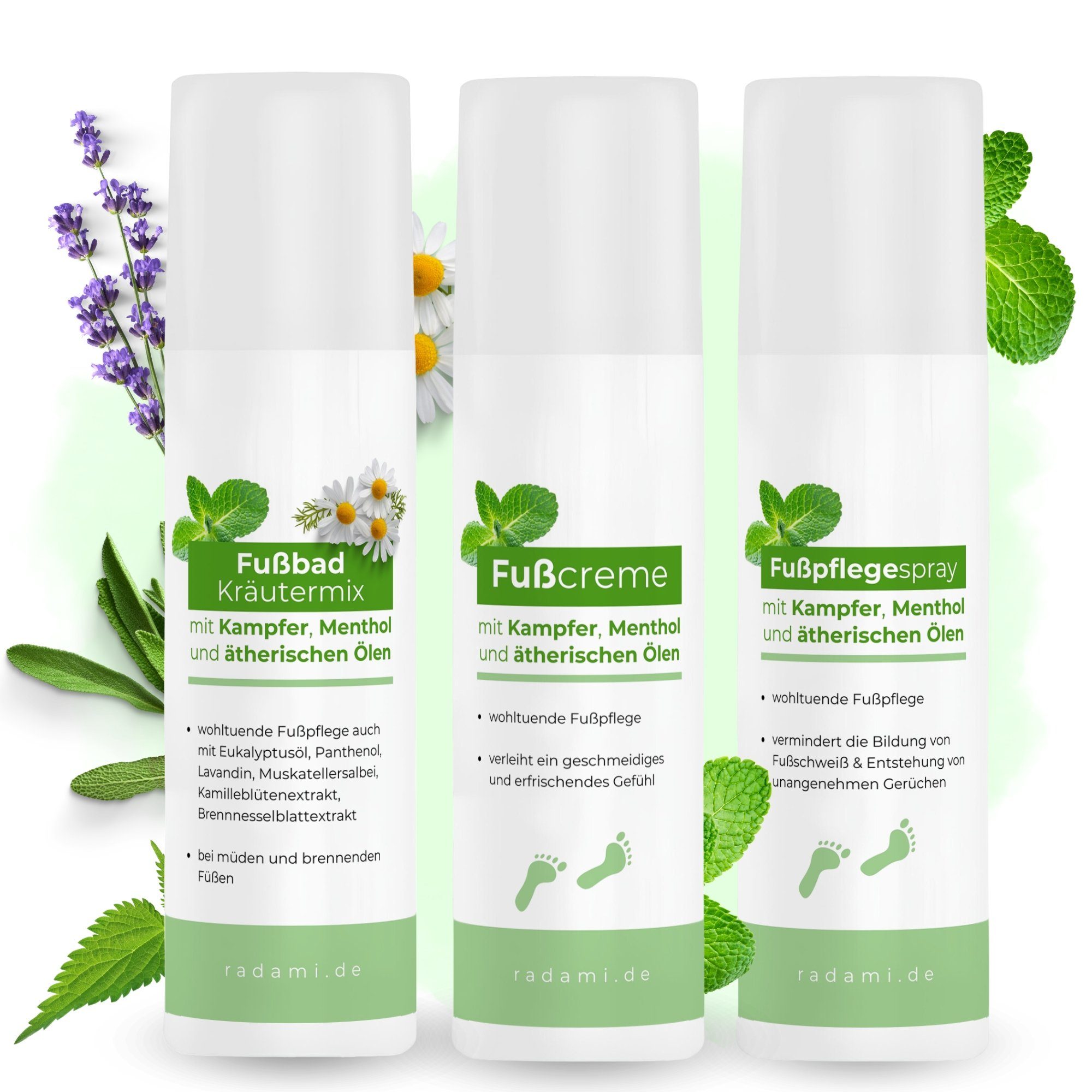 Radami Fußbad-Zusatz Wellness Fußpflege Geschenk Fußbad, Fußcreme & Fußspray (3×150 ml)