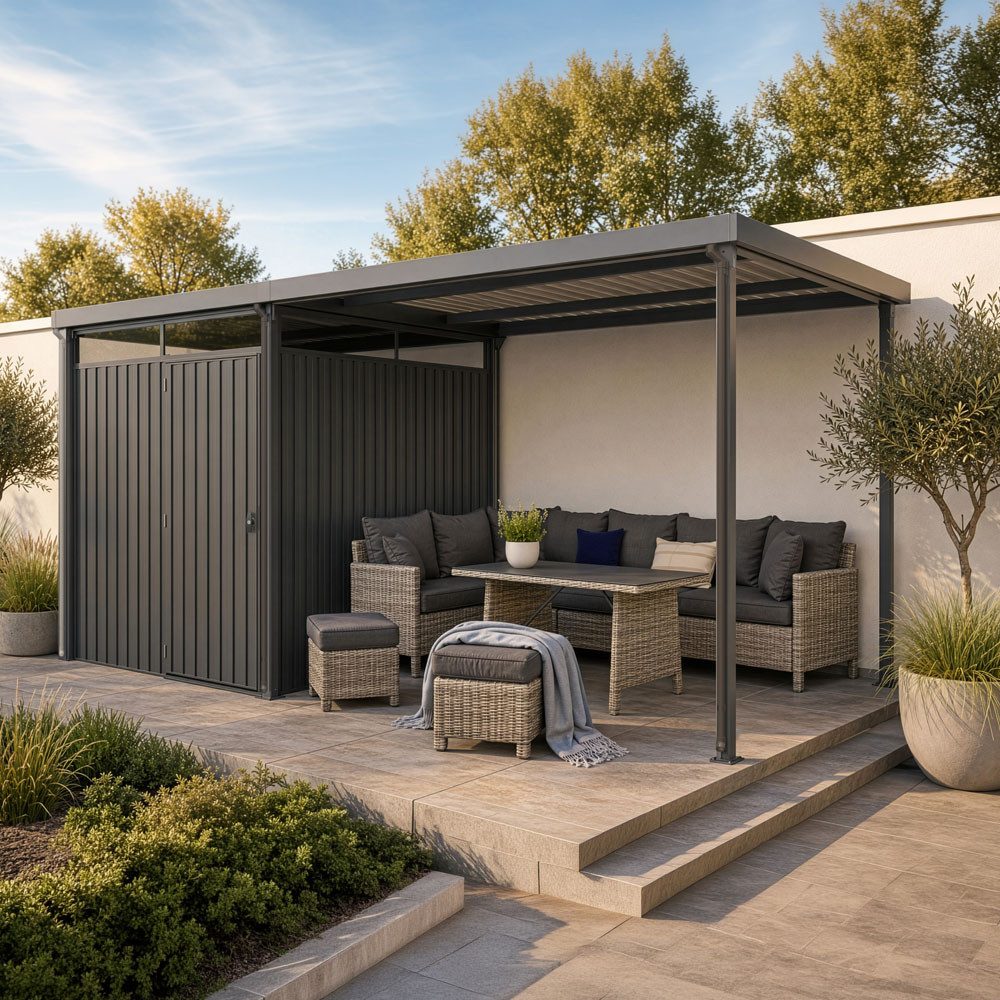 HOME DELUXE Terrasse Gartenhaus inkl. Überdachung LEVANTO, BxT:490x245 cm, Kombi-Set aus Geräteschuppen und Überdachung