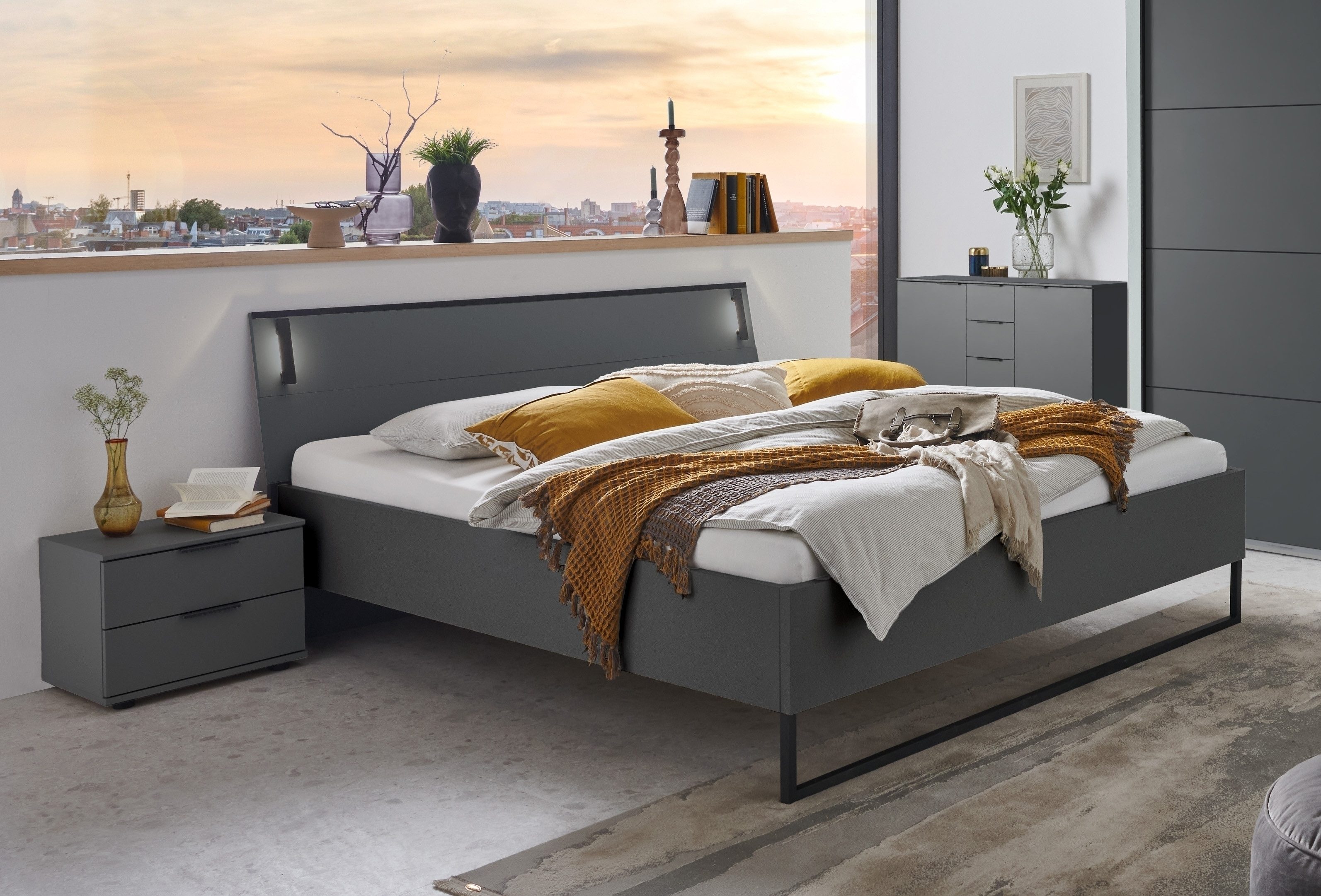Wimex Bettanlage (4tlg) LED, Bett 168x92x210, Nachtkommoden, Sideboard, Farbe Grafit, (4tlg)