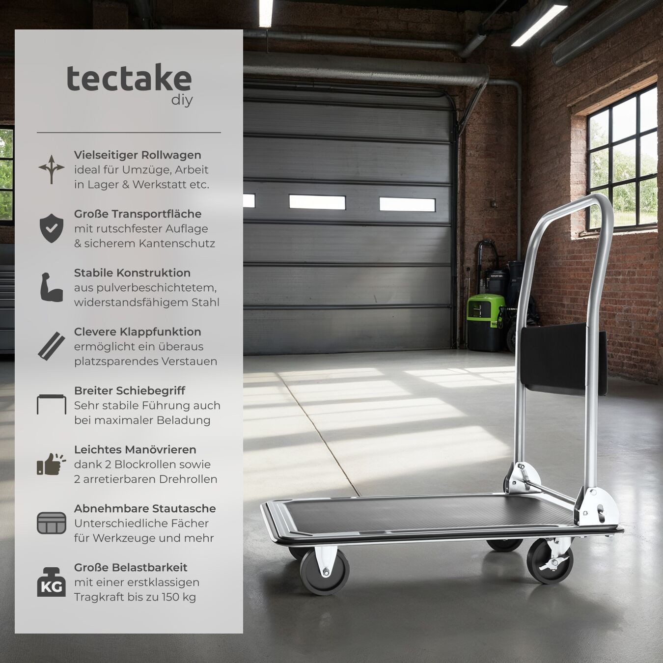 tectake Transportwagen Plattformwagen, (Set), klappbarer Handgriff mit Aufbewahrungsfach