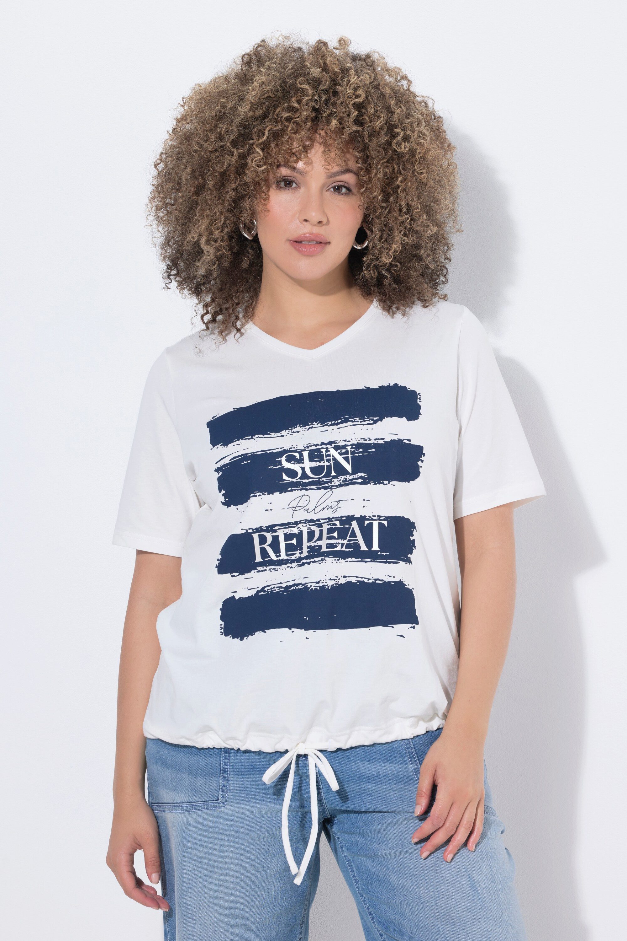 T-Shirt T-Shirt Schriftmotiv Tunnelzug V-Ausschnitt