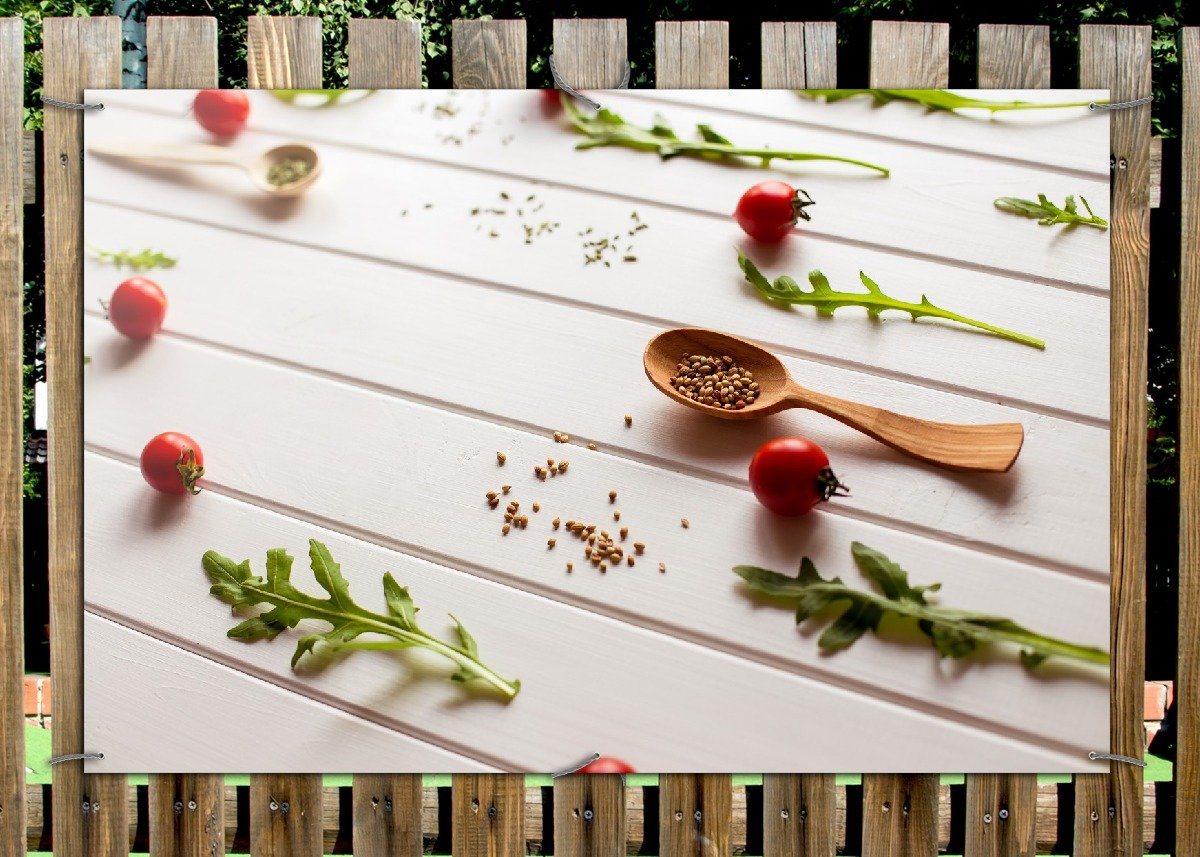 Thumbnail - Wallario Sichtschutzzaunmatten Küche Ruccola, Tomaten und Gewürze