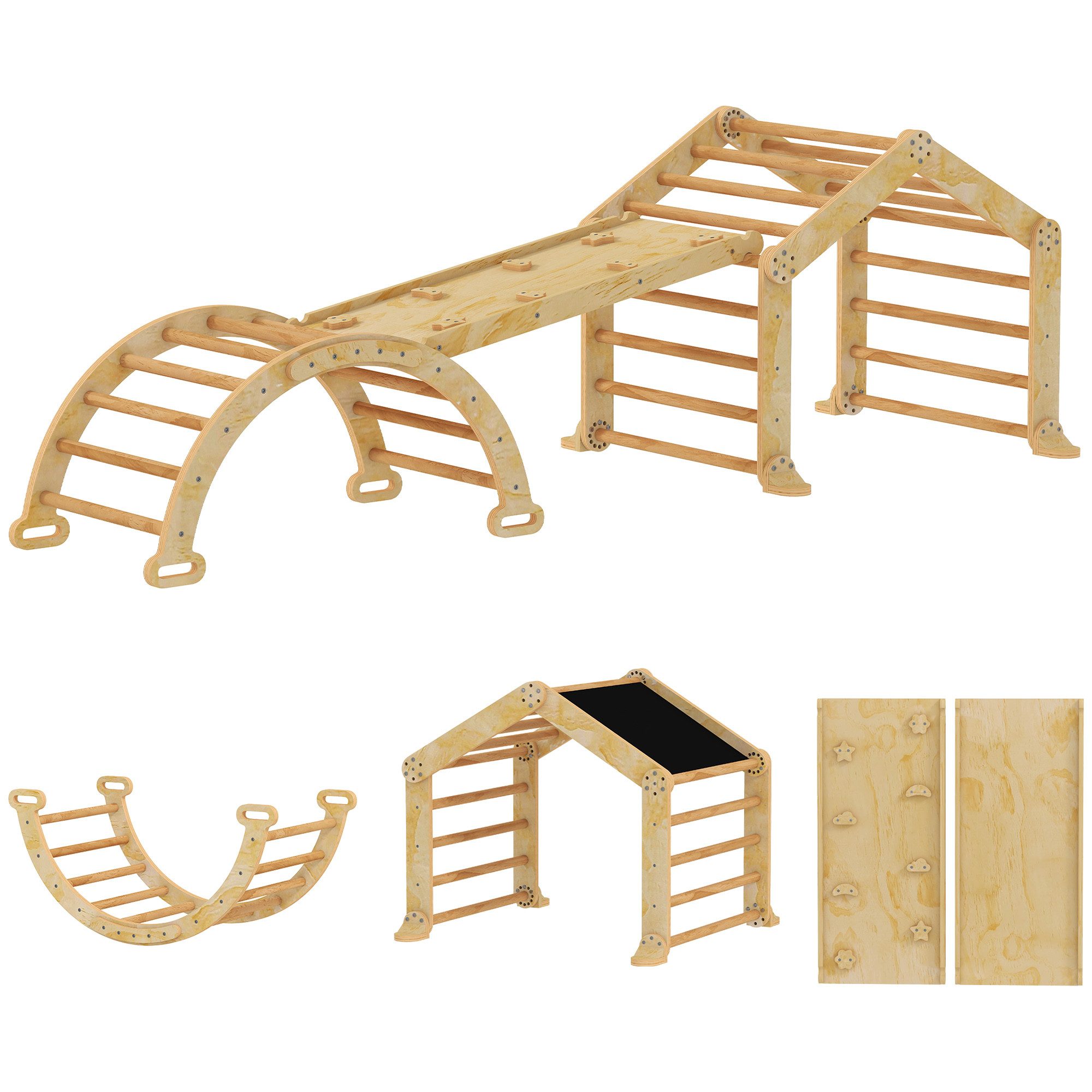 AIYAPLAY Klettergerüst Montessori Indoor Holz Kletterdreieck mit Rutsche, Rampe, (Kletterspielzeug, 1-St., 6-in-1 Kletterbogen), für Kinder von 18-48 Monate, Naturholz