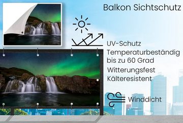MuchoWow Balkonsichtschutz Nordlicht - Wasserfall - Island - Natur (1-St) Balkonbanner, Sichtschutz für den Balkon, Robustes und wetterfest