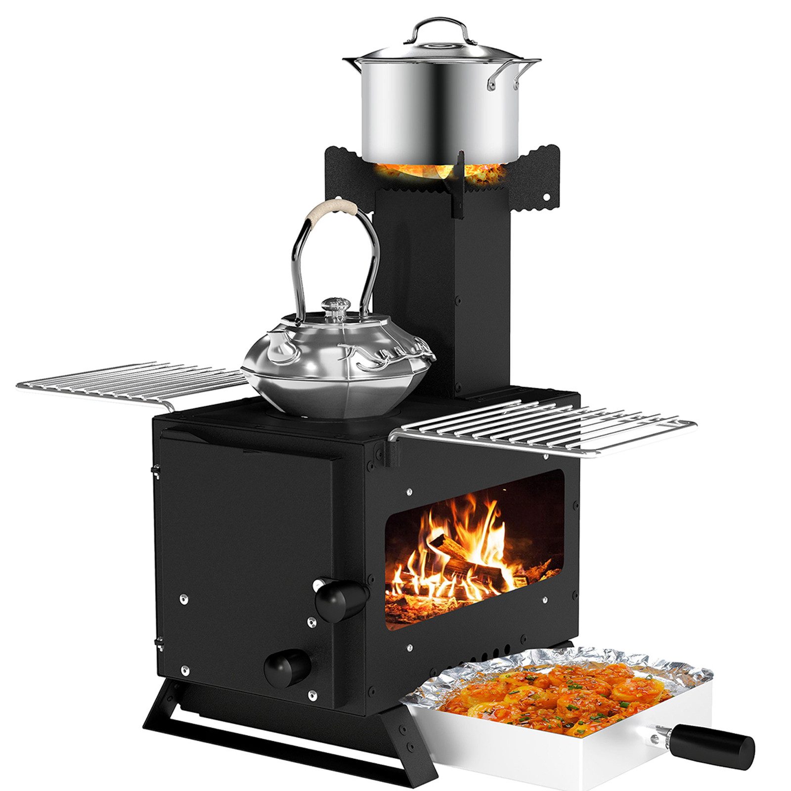 COSTWAY Holzkohlegrill 3in1, Heizofen mit Topfgestell, Ofenpfanne, 2 Grills