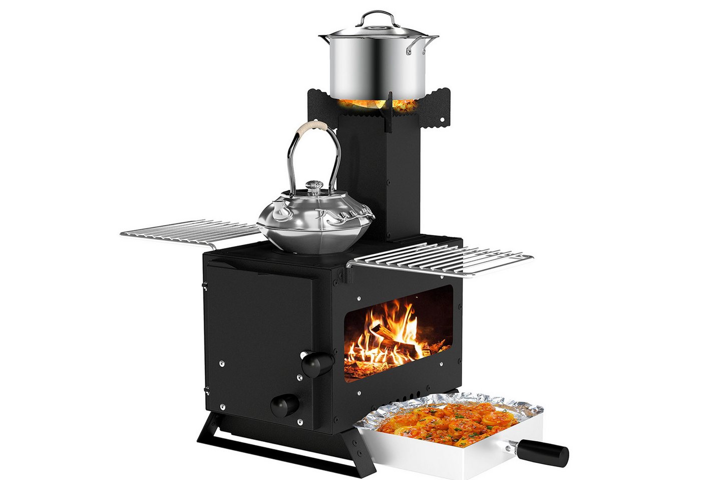 COSTWAY Holzkohlegrill 3in1, Heizofen mit Topfgestell, Ofenpfanne, 2 Grills
