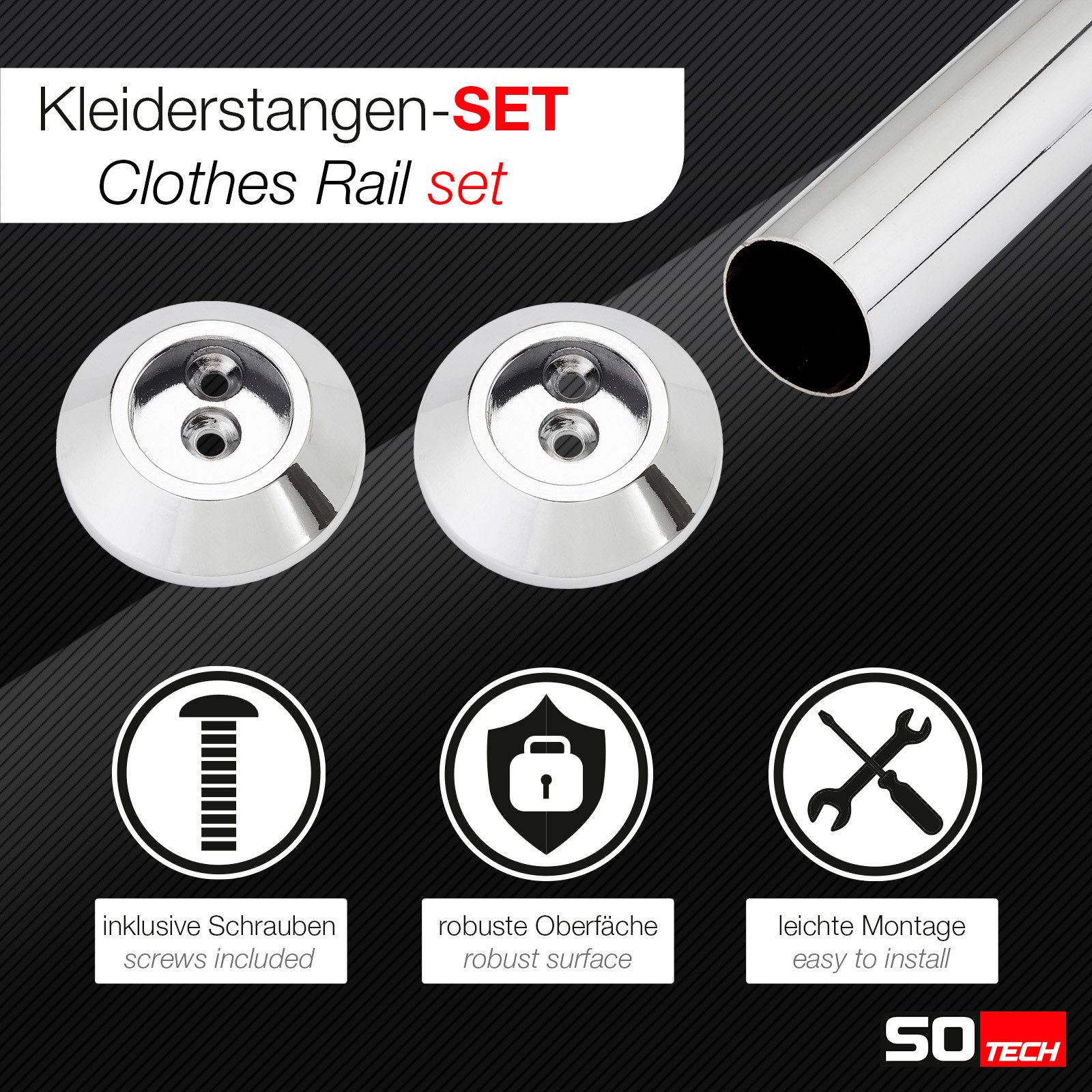 SO-TECH® Garderobenstange Kleiderstange chrom poliert Ø 25 mm, (Komplett-Set, 1 St), Länge 800 mm, inkl. 1 Paar konischen Schrankstangenlager