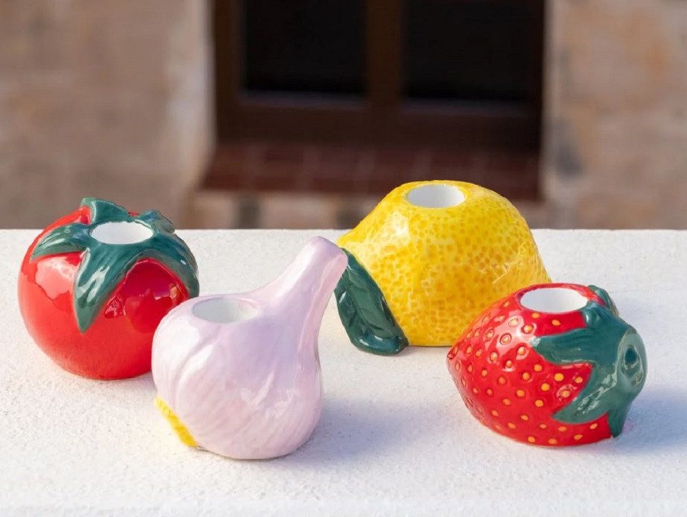 Talking Tables Tischkerzenhalter Obst & Gemüse Form (Keramik, 1 St., Stabkerzenhalter), Erdbeere, Tomate, Knoblauch