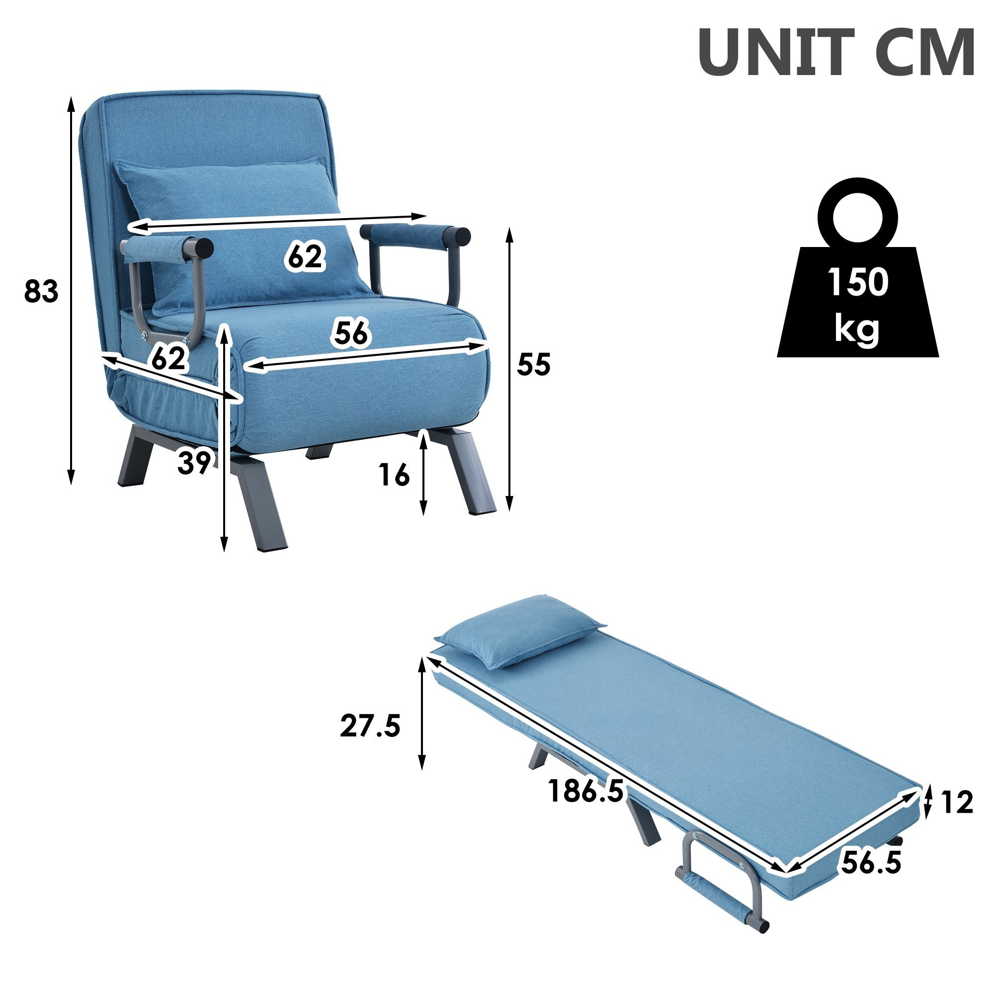 REDOM Bett Polsterstuhl mit gepolsterter Sessel Schlafsessel Relaxsessel Sitz, Stuhl Schlafsofa Couch, Freizeit-Chaiselounge-Couch Hellblau Kissen,