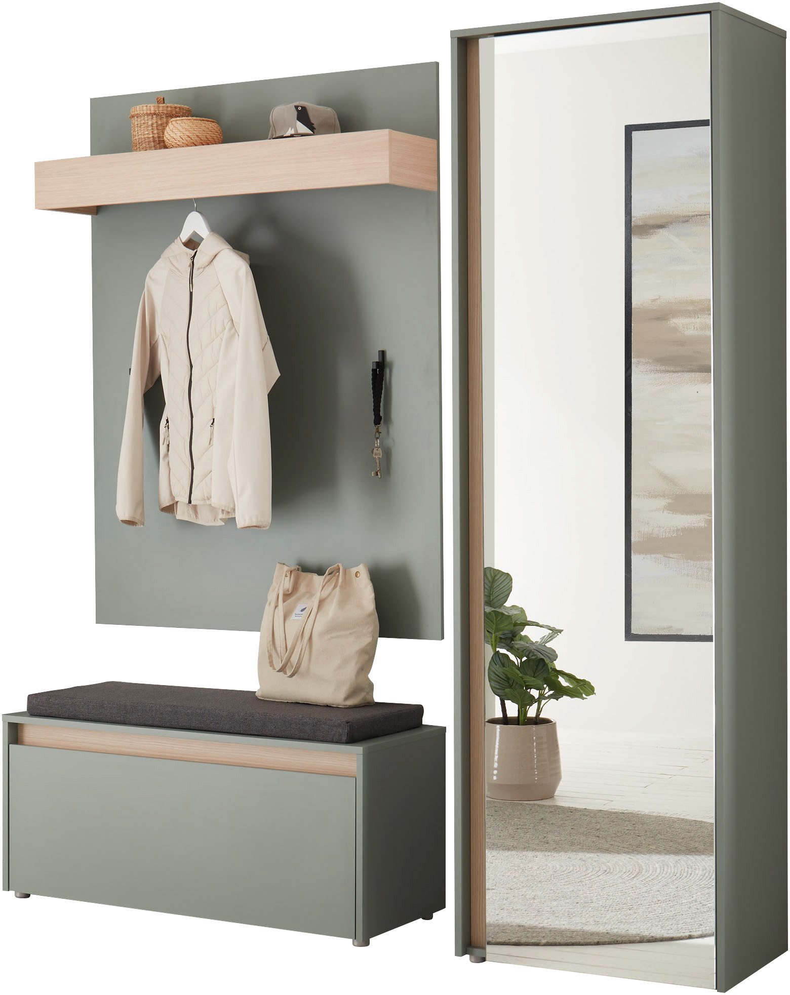 Home affaire Garderoben-Set GIRON/CiTY, moderne Garderobe, Komplettset mit viel Stauraum, (Komplett-Set, 3-St), enthält Garderobenschrank, Paneel, Schuhbank inkl. Sitzkissen