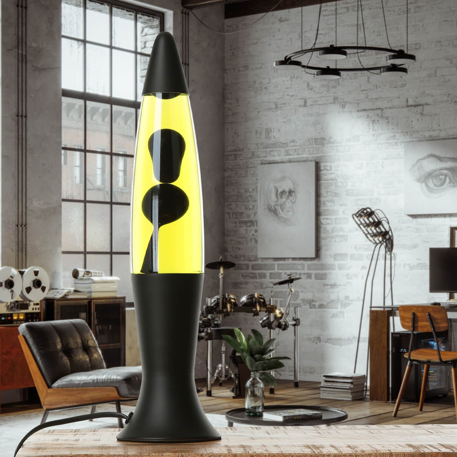 Licht-Erlebnisse Lavalampe ROXY, Warmweiß, Schwarz matt Gelb 40 cm hoch Retro Design Tischleuchte