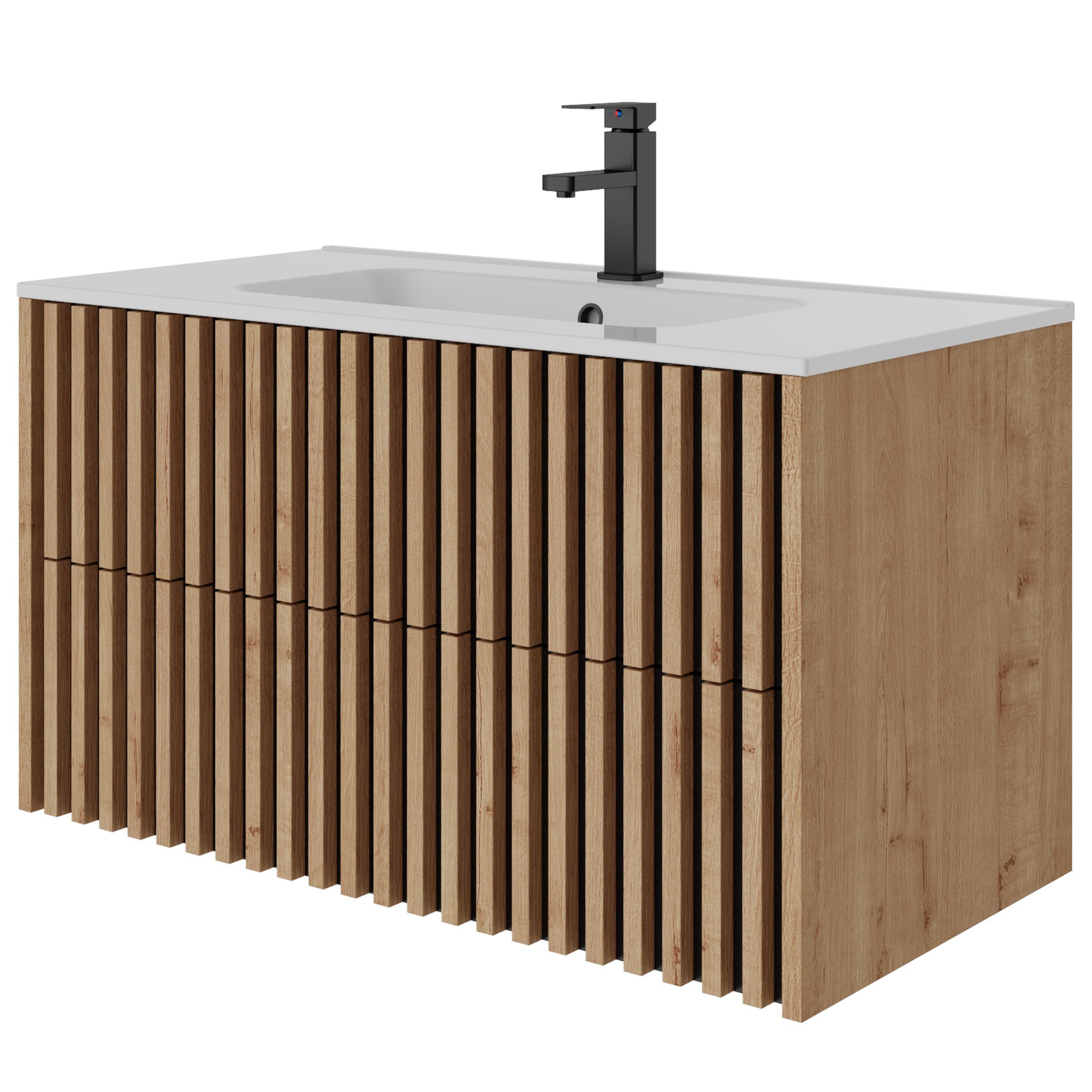 UEV Waschtisch Waschbecken mit Unterschrank set Badmöbel Gäste-WC (mit Wasserhahn und Pop-up-Ablassventil, Soft-close Schubladen,Waschbeckenunterschrank mit 2 Schubladen), Badezimmmer Schrank für Gäste WC, Komplett-Set Badmöbel
