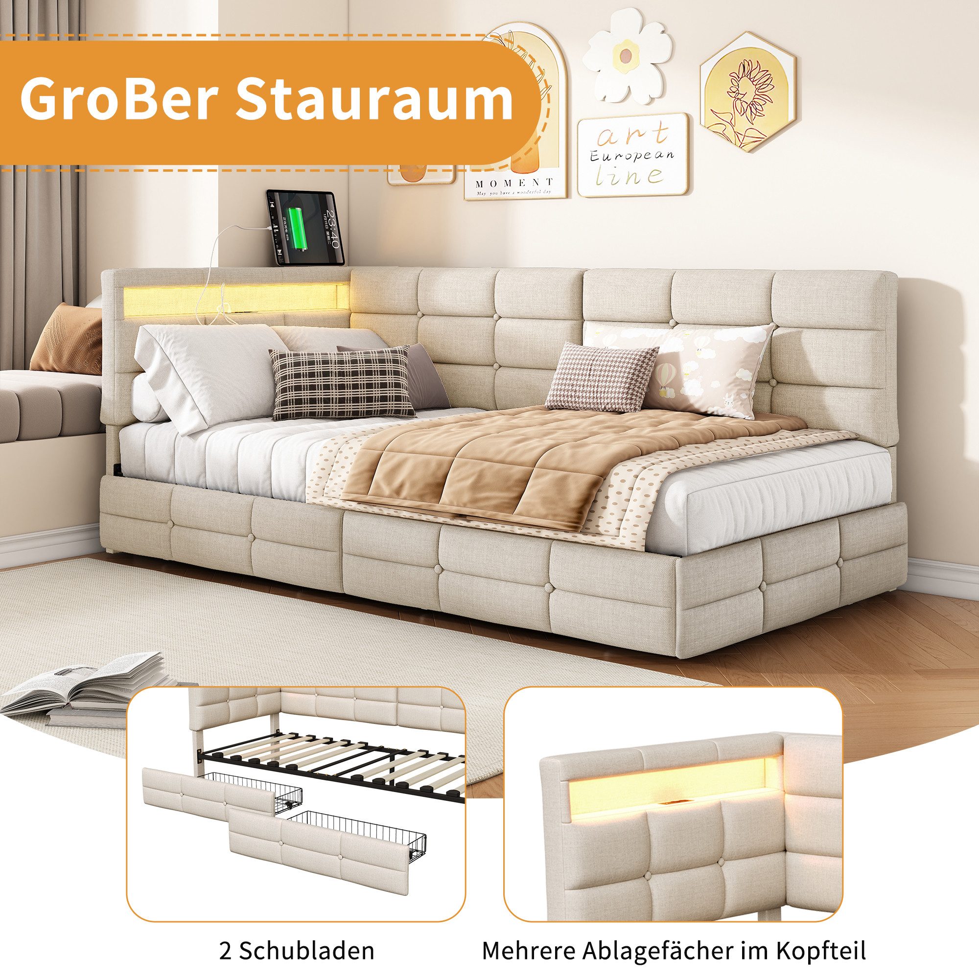 ADWOLT Schlafsofa Daybett Polsterbett Mit LED-Licht und USB-Anschluss, Set 1 Teile, 90x200 cm,Mit 2 Schubladen,Leinenstoff-Beige