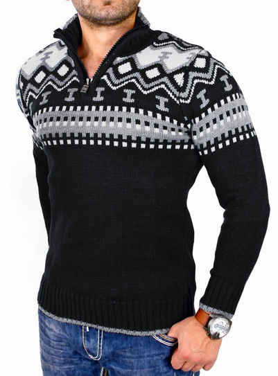 Reslad Strickpullover Reslad Herren Strickpullover Crewneck Zipper Norweger Pullover RS-3110 (1-tlg) Strickpullover Männer Norwegermuster Troyer