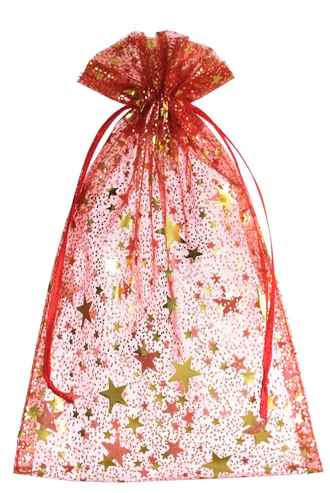Organzabeutel24 Geschenkbox 10 Organzasäckchen rot mit goldenen Sternen -Weihnachtsbeutel -