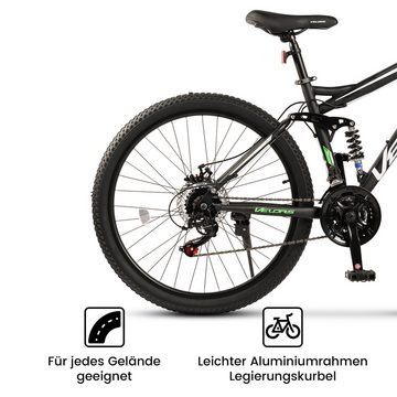 Velors Mountainbike 26 Zoll Fully Mountainbike, geeignet ab 150 cm, 21 Gang Shimano Tourney TZ-500 Schaltwerk, Kettenschaltung, mechanische Scheibenbremse, MTB Fahrrad Bike für Damen Herren