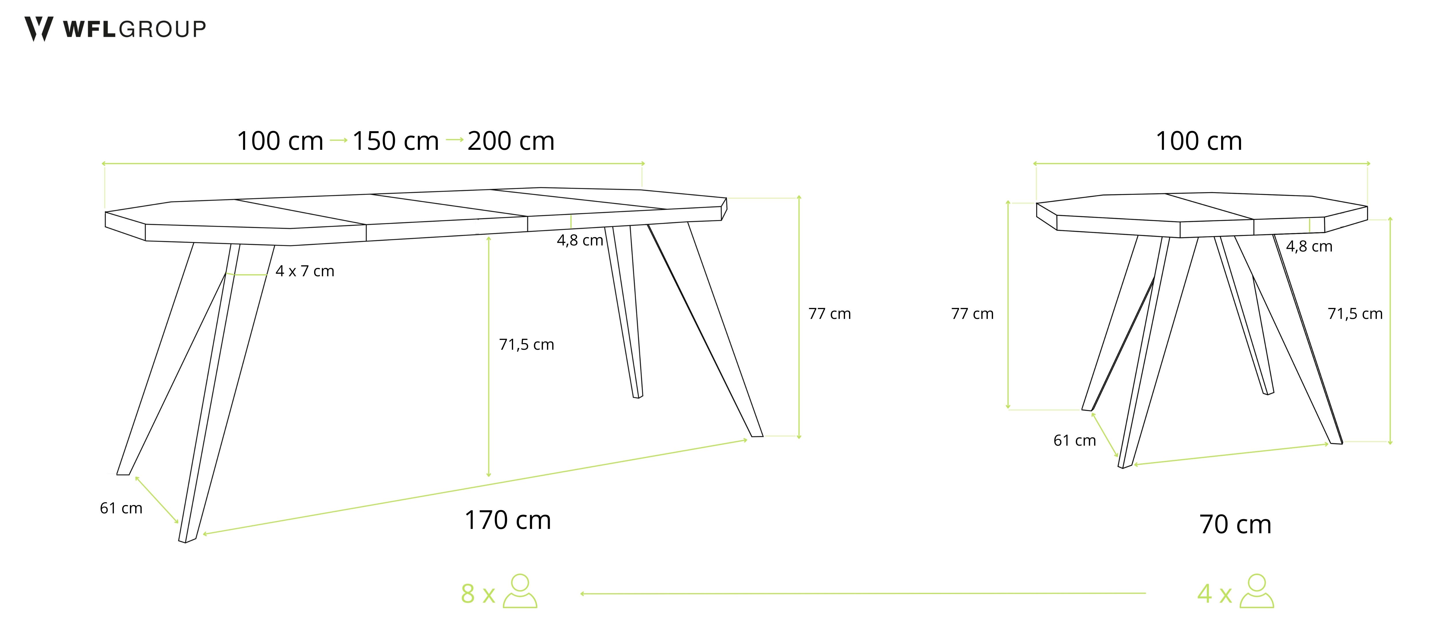 WFL GROUP Esstisch Diamond Black ausziehbar achteckig loft mit schwarzen Holzbeinen (MADE IN EU, erhältlich in zwei Größen – 100/100 cm, ausziehbar auf 150/200 cm), platzsparender Tisch für kleine Küche, Esszimmer oder Wohnzimmer