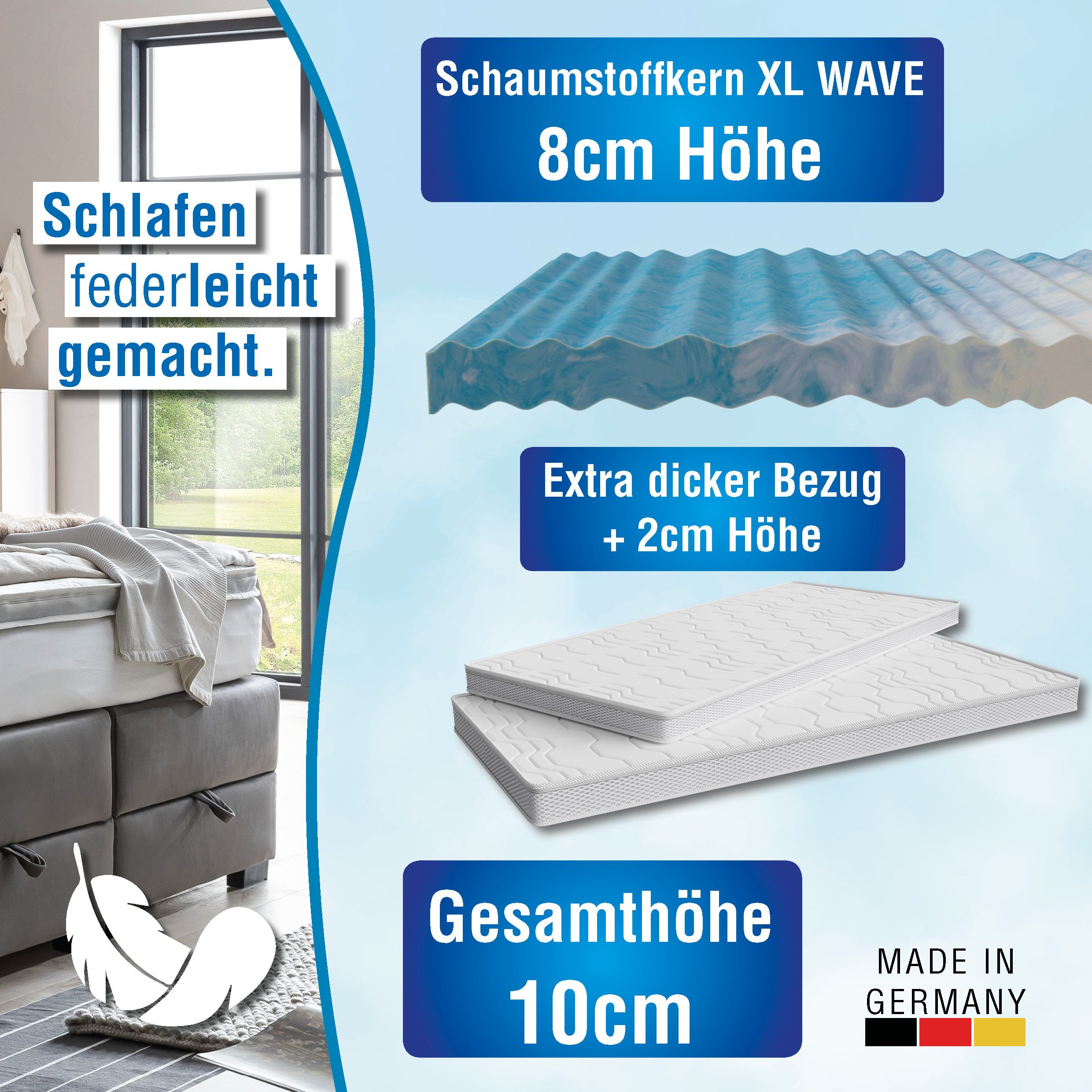 ARBD, Topper Comfort XL WAVE 10cm Topper - 7-Zonen-Wellenschnitt - für alle Betten, 10 cm hoch, Beidseitig nutzbar, abnehmbar und waschbar