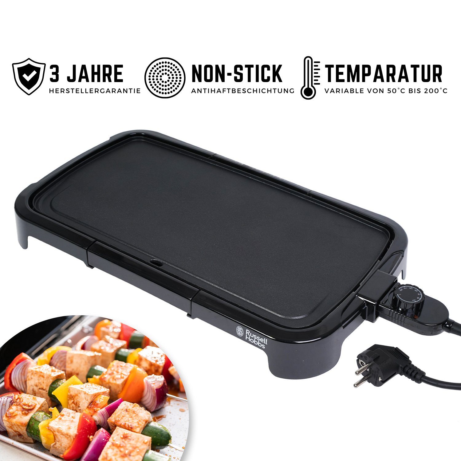 RUSSELL HOBBS Elektrogrill Classics Elektrischer Tischgrill 1500W, Anti-Haft-Beschichtung, abnehmbares Kabel, Fettauffangschale
