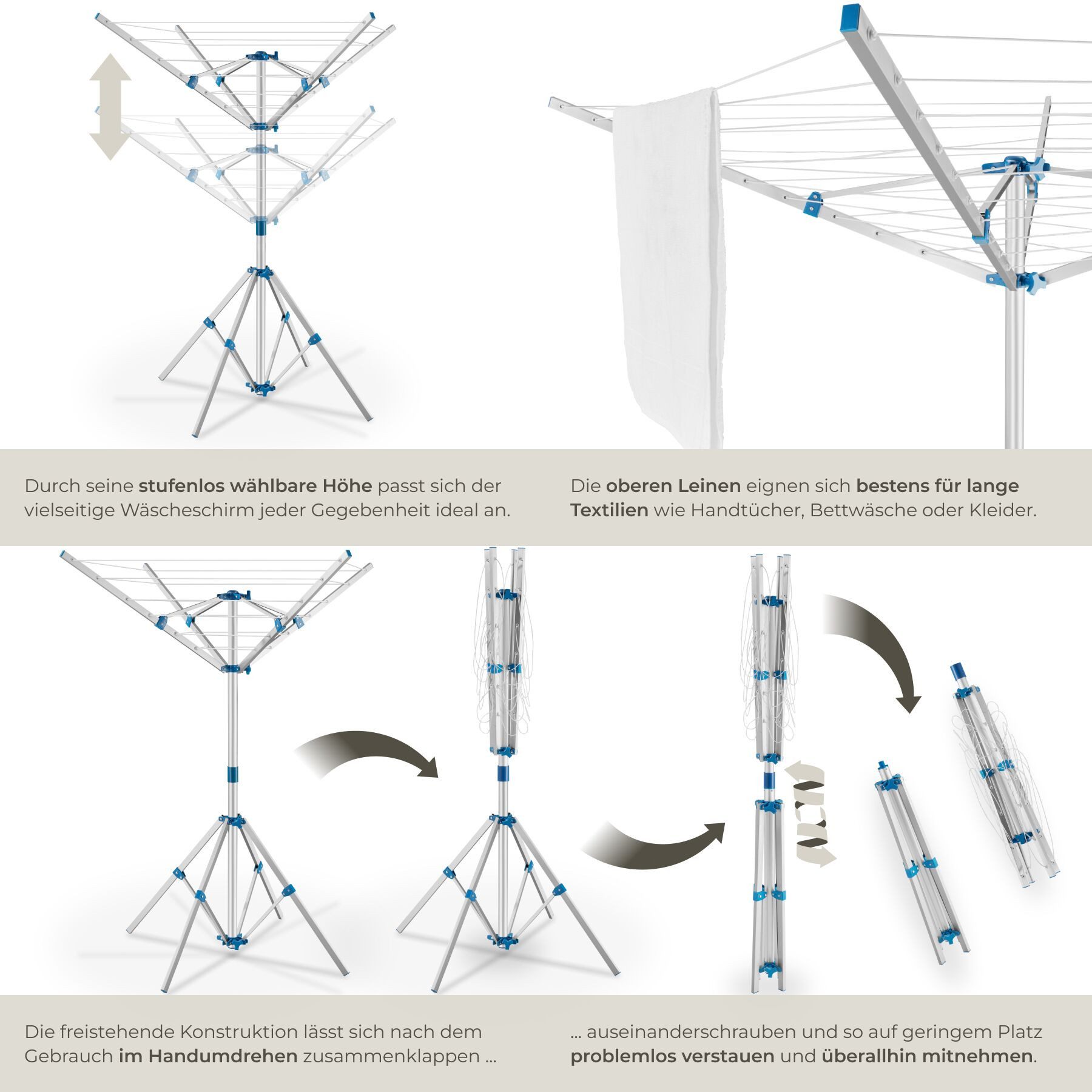 tectake Wäschespinne Mobiler Wäscheständer aus Aluminium, wetterfest, 102 x 102 x 160 cm, klappbar, drehbar und stufenlos höhenverstellbar, Leinenlänge 16 m – Bild 5 von 5
