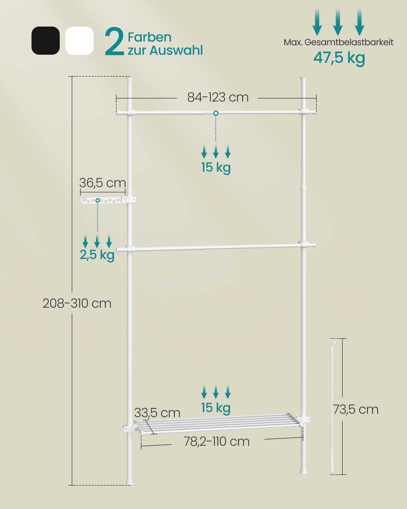 SONGMICS Kleiderständer deckenhoch, 3-stufige Garderobe, höhen und breitenverstellbar, offener, (mit abnehmbarer Ablage), Garderobenleiste, Greifarm, bis 47,5 kg belastbar, 123 x 208 x 33.5 cm