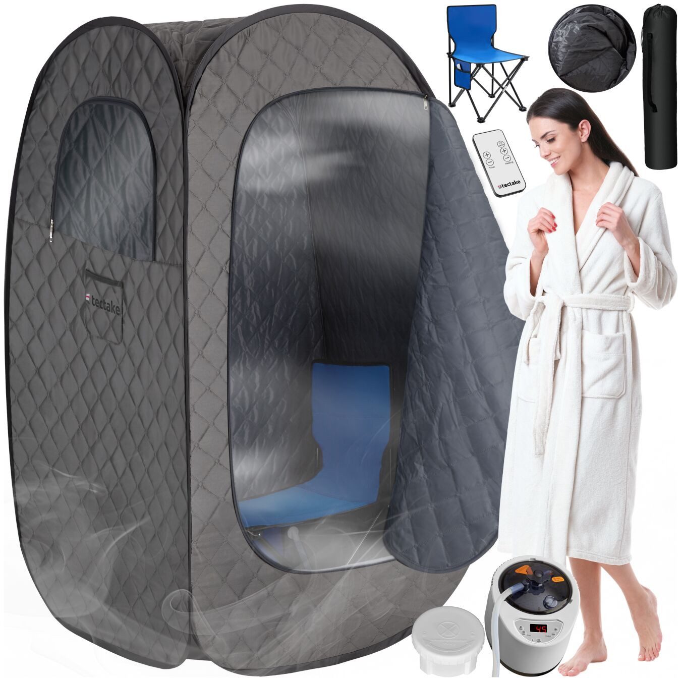 tectake Sauna Mobile Dampfsauna ThermaLuxe I, 1000 W, 15 Temperaturstufen, inkl. Fernbedienung, Matte, Klappstuhl und Tragetaschen