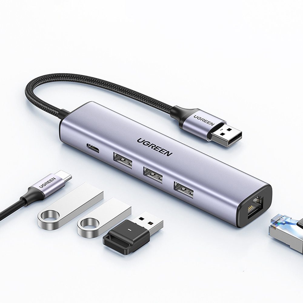 UGREEN USB-Verteiler Anschlusserweiterung Netzwerkadapter Mehrfachverteiler (Spar-Set, 1-St., 15 cm Kabel kompakt), Gigabit-LAN, 5 Gbit/s, Plug & Play, Aluminium
