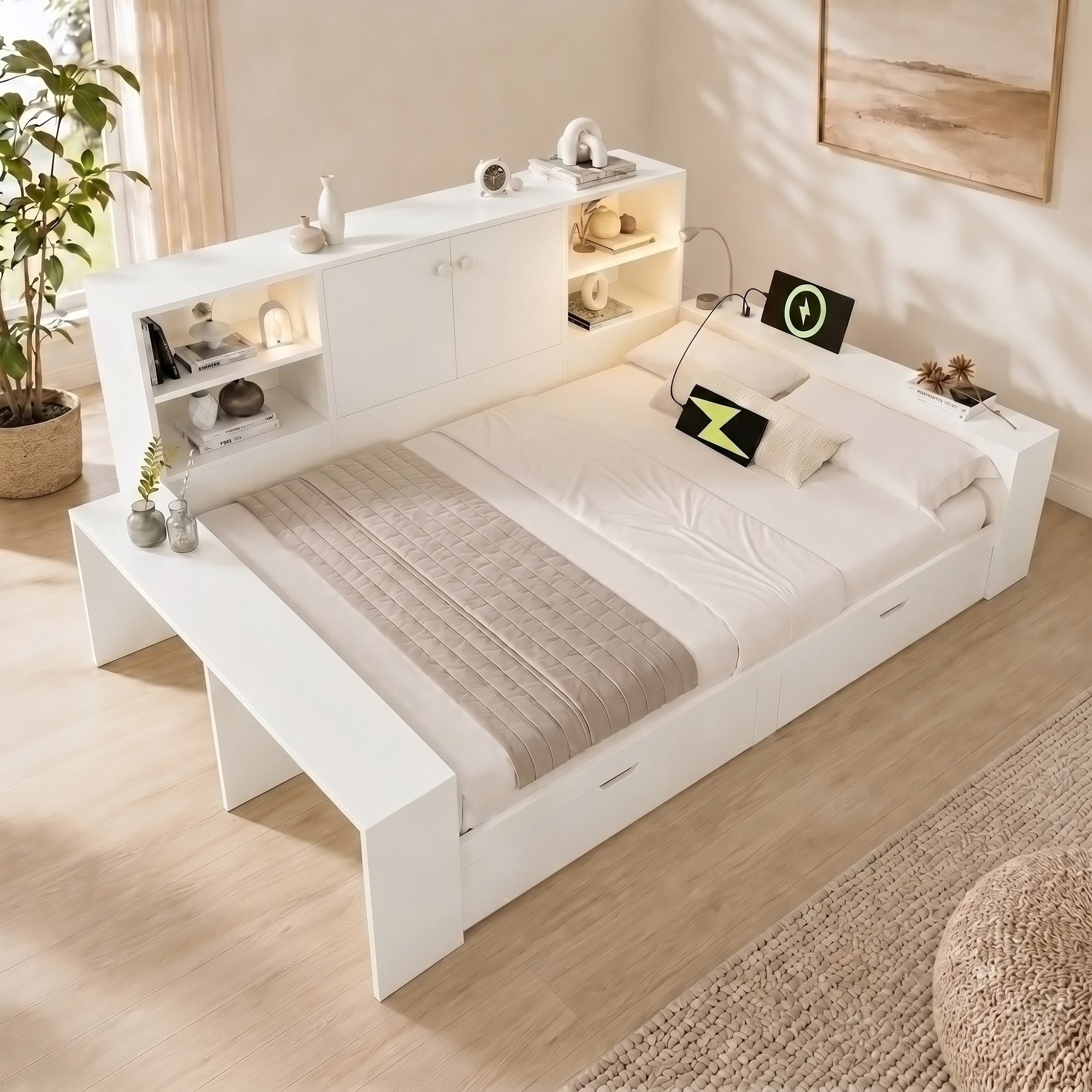 MODFU Stauraumbett 140x200 cm mit Stauraum und USB- und Type-C-Anschlüssen (Tagesbett, Doppelbett & Jugendbett, 1-tlg., Weißes Holz-Tagesbett mit Schubladen, Integrierte Doppeltüren), Ideal als Stauraum- & Jugendbett, ohne Matratze