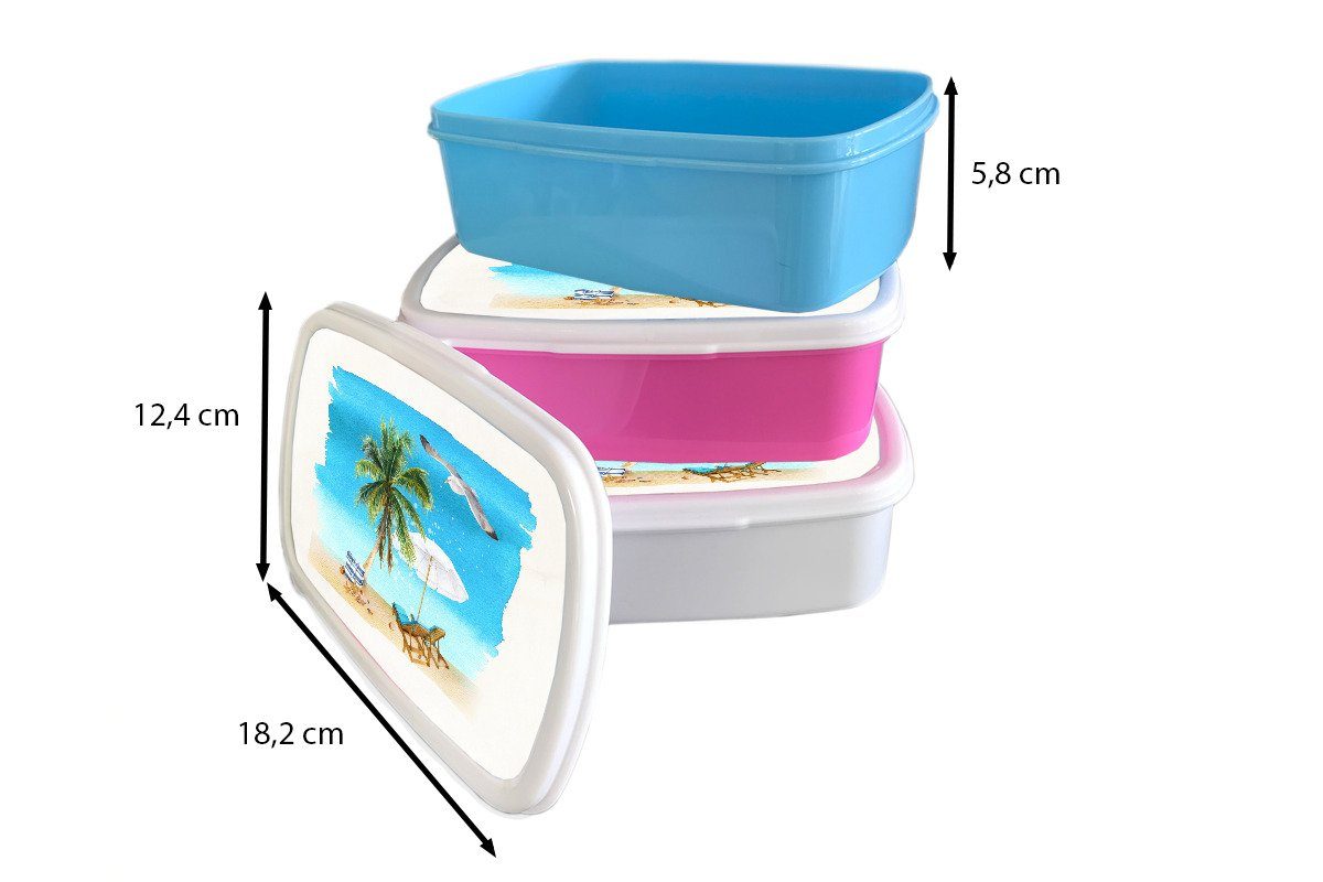 MuchoWow Lunchbox Strandkorb - Brotdose, Kinder Brotbox Erwachsene, - Mädchen Sonnenschirm weiß für Palmen (2-tlg), Strand, Jungs Kunststoff, für - und und