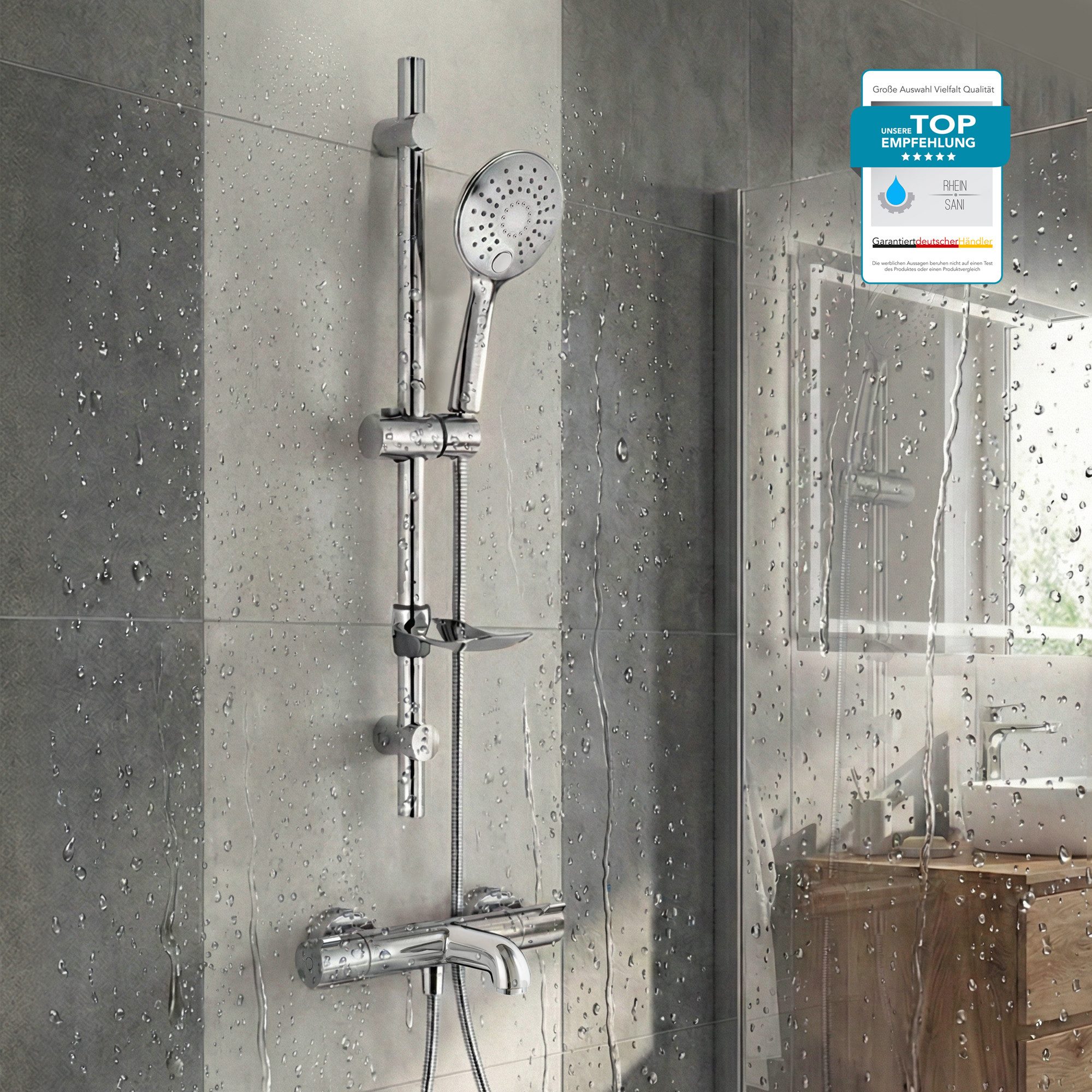hansgrohe Wannenarmatur Ecostat 1001 CL Wannenthermostat Set mit Aloni Handbrause Regendusche (Spar-Set) Wannenthermostat mit Eco-Funktion in Modern-Design, Wandmontage, chrom