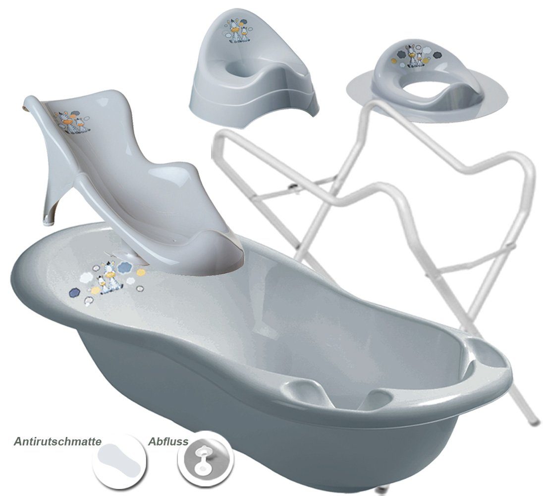 Maltex Babybadewanne 4 Teile SET - ZEBRA Grau + Ständer Weiss - Badeset Baby Wanne 84 cm, (Made in Europa Premium.set 4 Tlg +Ständer), ** Wanne+Sitz+Töpfchen+WC Aufsatz+Ständer **