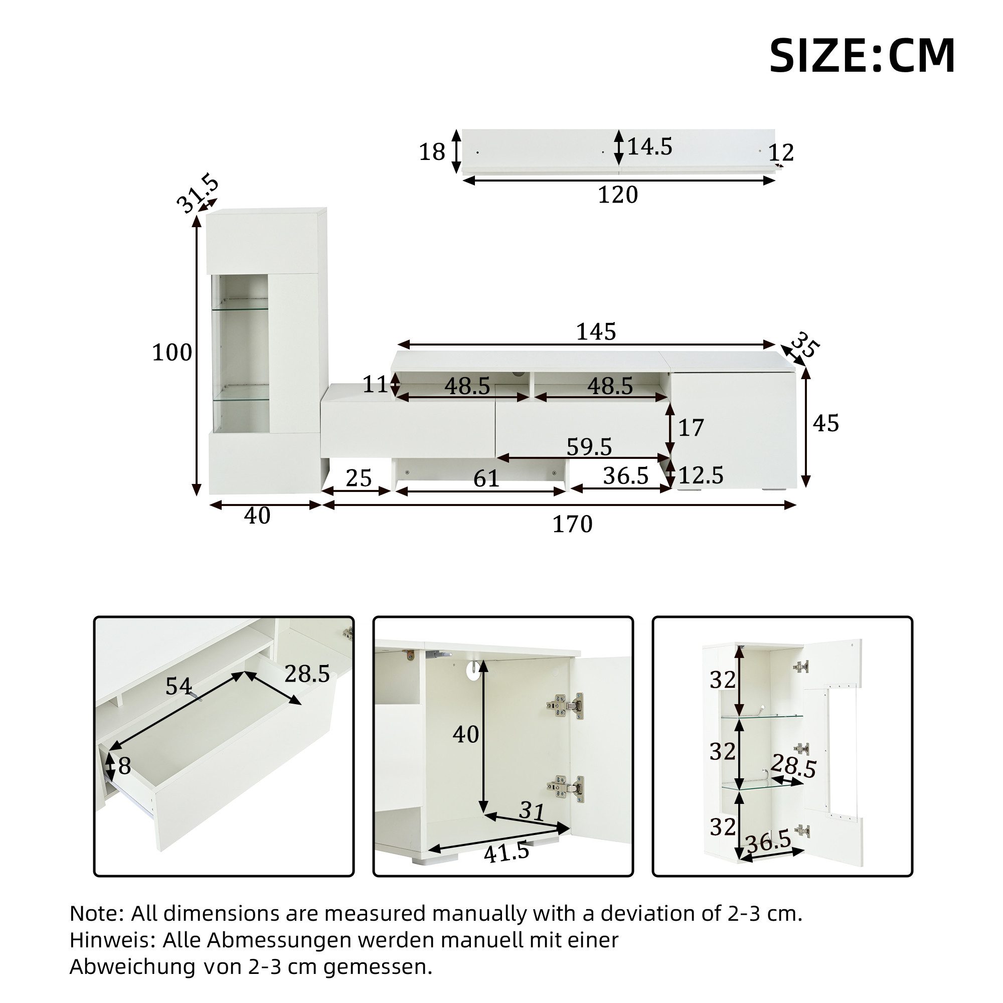 KLAM HOME Wohnwand Wohnwand Set 3-Teilig Mit Hochglanz Und LED Beleuchtung, (Moderne TV Wandkombination Mit Akryl Türen Und Glas Einlagen), Raumsparende Fernseh – Bild 3 von 5