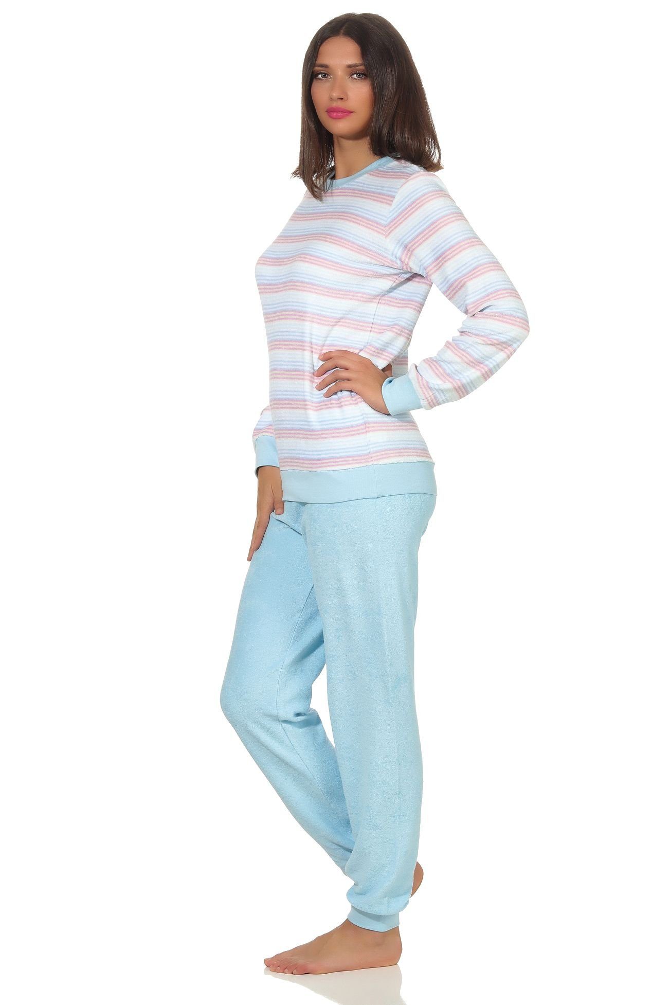 Normann Pyjama Damen Frottee Schlafanzug mit Bündchen Pyjama in Streifenoptik