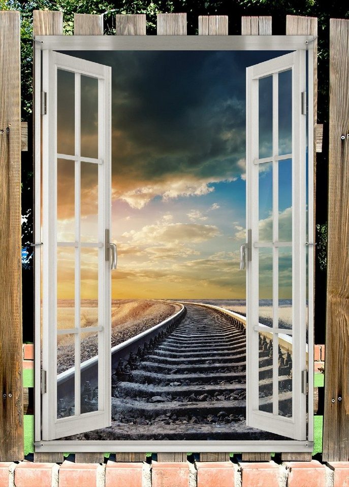 Thumbnail - Wallario Sichtschutzzaunmatten Bahnschienen ins Ungewisse, mit Fenster-Illusion