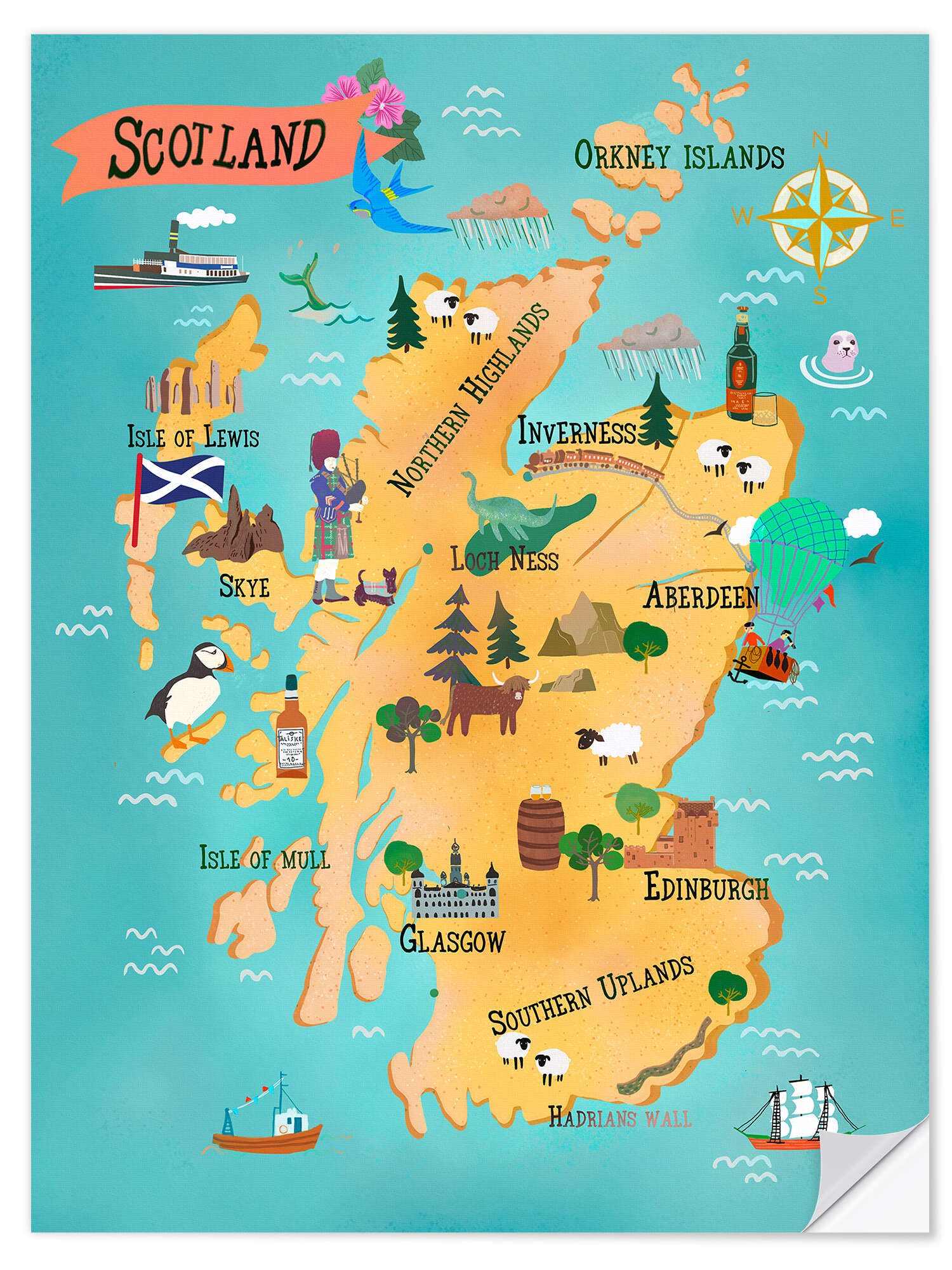 Posterlounge Wandfolie Taika Tori, Schottland mit Sehenswürdigkeiten, Illustration